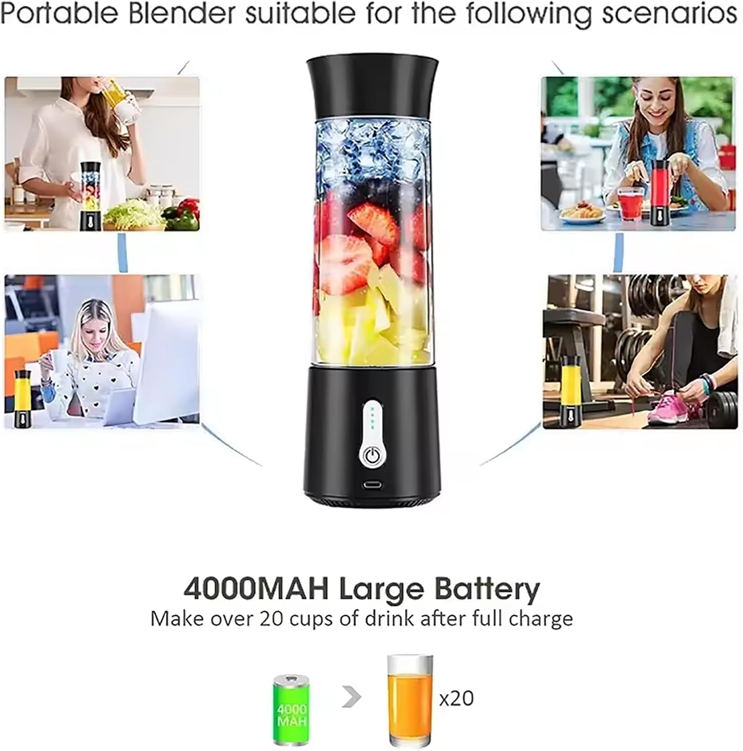 Portable Mini Smoothie Blender, Personal Size Electric USB Juicer Cup 500ML with 6 Blades, 18000RPM Mixing Efficiently and 25 Cups After Full Charged for Office, Gym