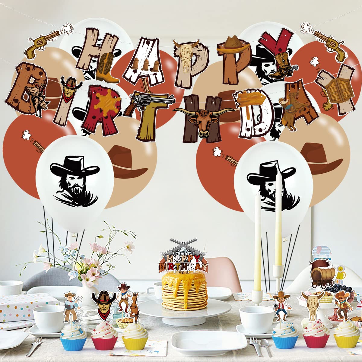 Décoration Fête Cowboy Western - Banner Happy Birthday, Ballons, Toile De Fond | Thème Anniversaire Enfant