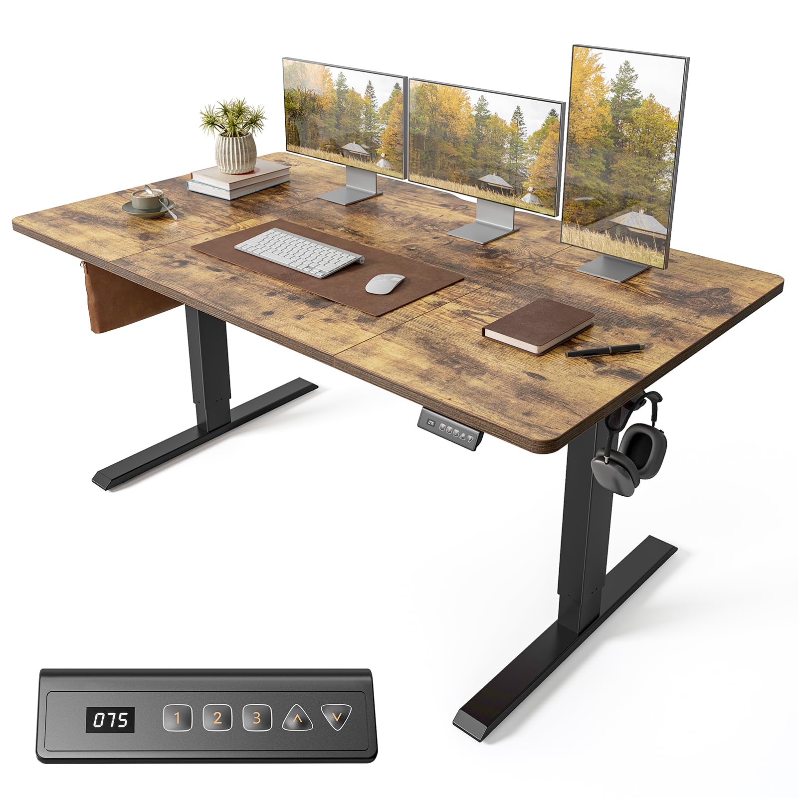 Cubiker Electric Standing Desk Height Adjustable For Gaming and Computer, 160 x 80cm Sit Stand Electric Home Office Desk with Memory Smart Pannel, 4 Pieces Splice Board, Rustic Brown