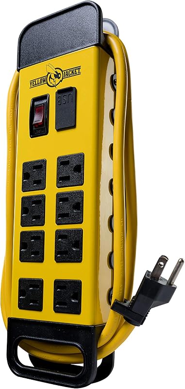 Southwire Yellow Jacket Power Block - 8 Outlet Heavy Duty Metal Power Strip - Dual USB Ports for Fast Charging - Rugged Workshop Design - 6 Ft Yellow Cord - Durable 14-Gauge Construction