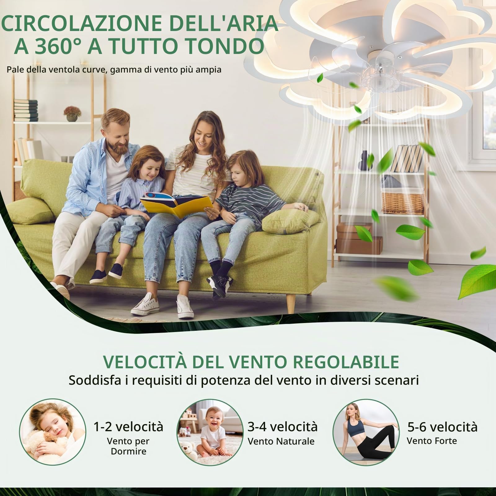 Ventilatore da Soffitto con Luce e Telecomando Silenzioso, Lampadario Ventilatore da Soffitto LED Dimmerabile 6 Velocità 72 W, Plafoniera Creativa a Forma di Fiore in Acrilico con Ventola-White