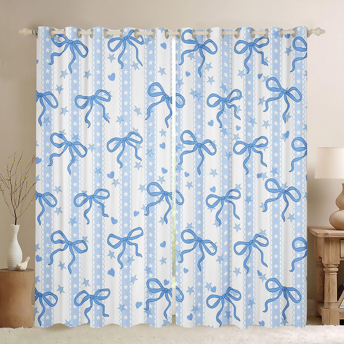 Voilage Fenetre Rayures Géométriques avec Rideau Occultant Nœud Papillon Bleu Homewish 140x245