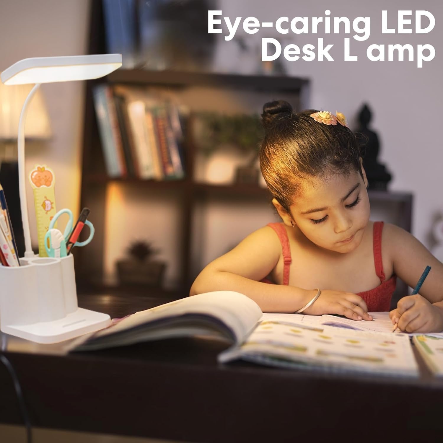 Guangyu Schreibtischlampe Kinder, 4800 mAh Touch LED Schreibtischleuchte mit Stifthalter, 3 Farben&Stufenloses Dimmen,Schwanenhals Leselicht mit USB-Anschluss, für Büro, Schlafzimmer