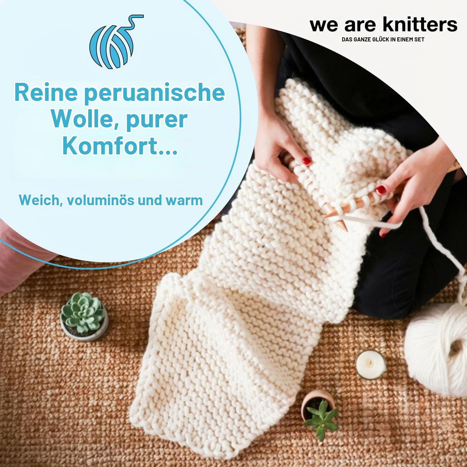 We Are Knitters Loris Beanie Strickset für Babys, DIY Mütze aus 100% Alpaka Wolle zum Stricken, Häckel kit für Anfänger, Strickset für Anfänger inkl. Stricknadeln Set, Größen 0-6M & 6-12M