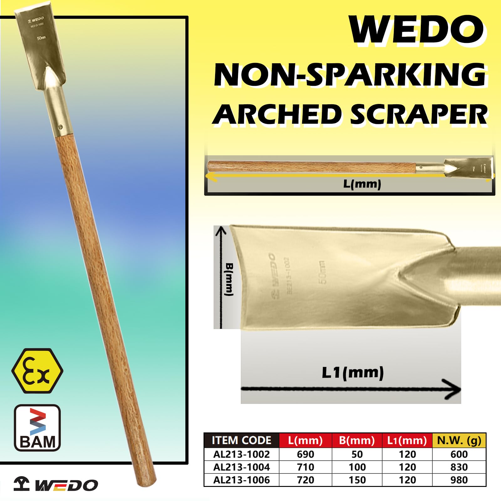 WEDO Herramienta raspadora sin chispas, raspador de suelo, hoja en forma de arco de 50 x 120 mm, longitud 690 mm, bronce de aluminio, raspador de pintura sin chispas, certificado BAM/FM, ampliamente