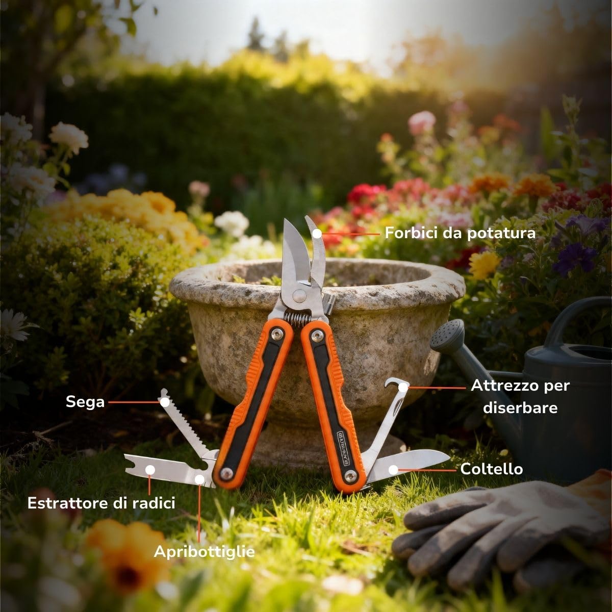 BLACK+DECKER Wielofunkcyjne narzędzie ogrodowe – narzędzie wielofunkcyjne z 6 funkcjami do prac ogrodowych – narzędzie wielofunkcyjne z piłą, nożem i narzędziem do chwastów, w zestawie torba