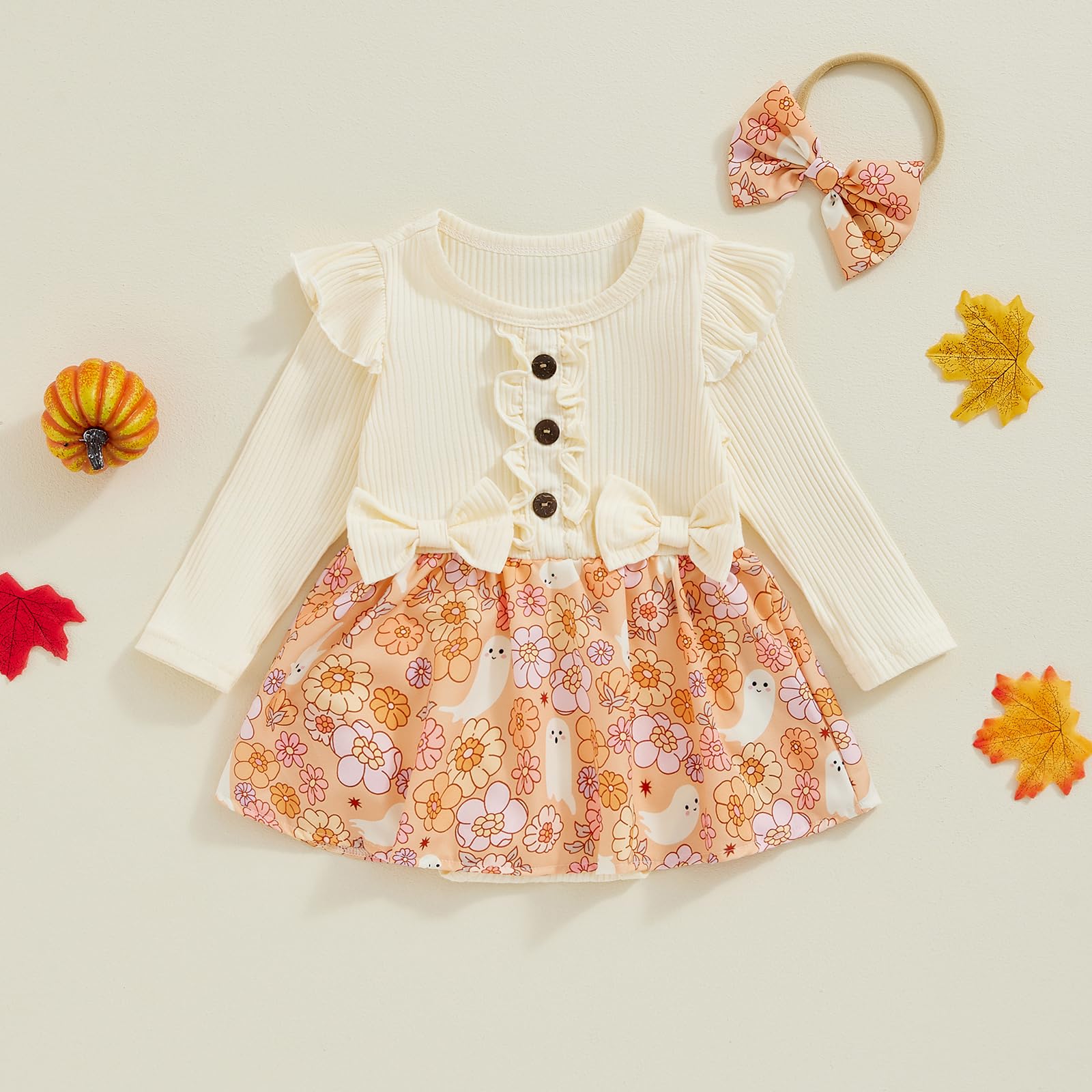 Socutebabe Baby Girl Halloween Outfit Newborn Ghost Outfits Ribbed Ruffle Romper Dress Headband Cute Fall Winter Clothes (baby-Yellow, 0-3 Months)