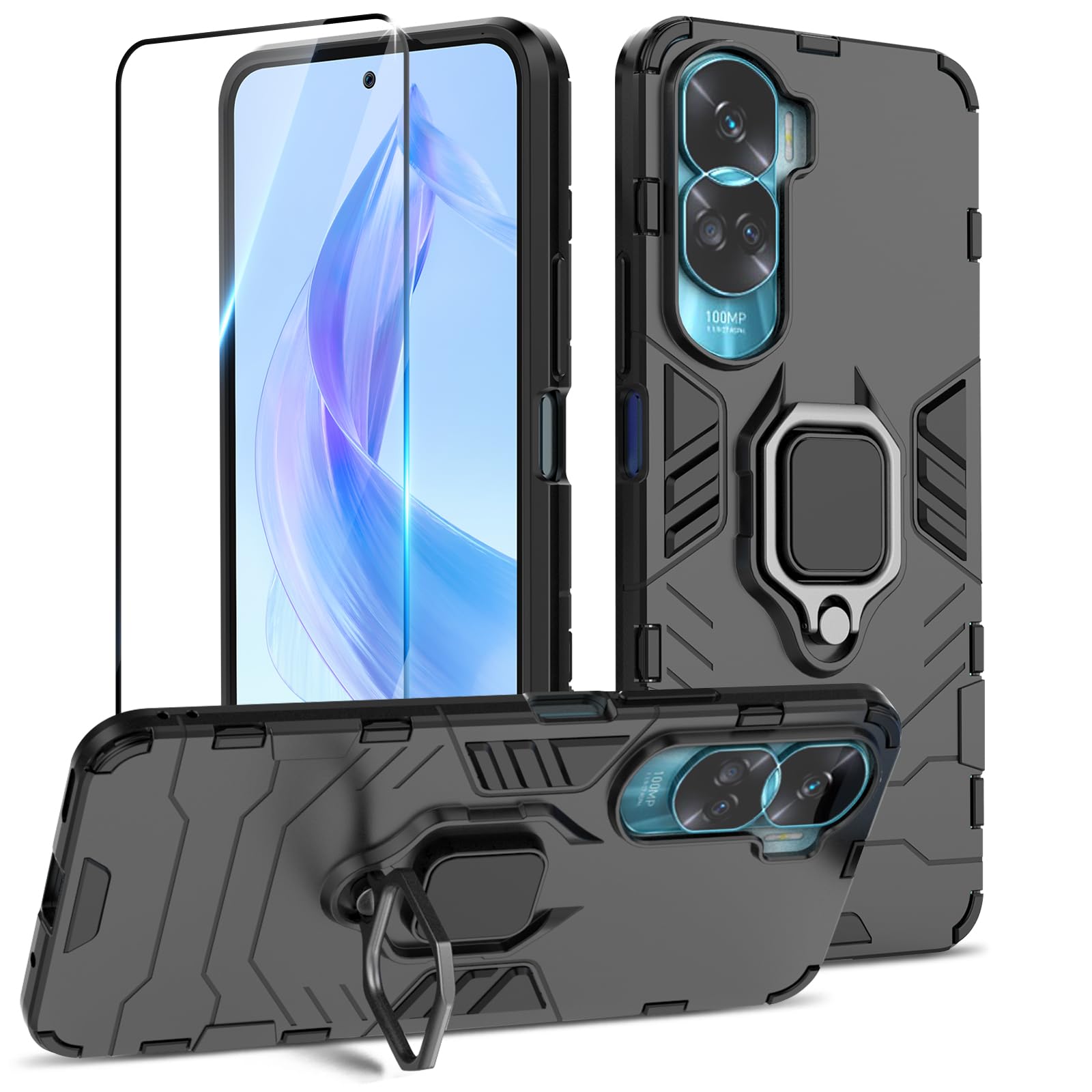Funda para Samsung Galaxy A13 4G con Cristal Templado Protector Pantalla, Carcasa Antigolpes con Soporte anular metálico, Case Protectora de Grado Militar, Negro — view 104