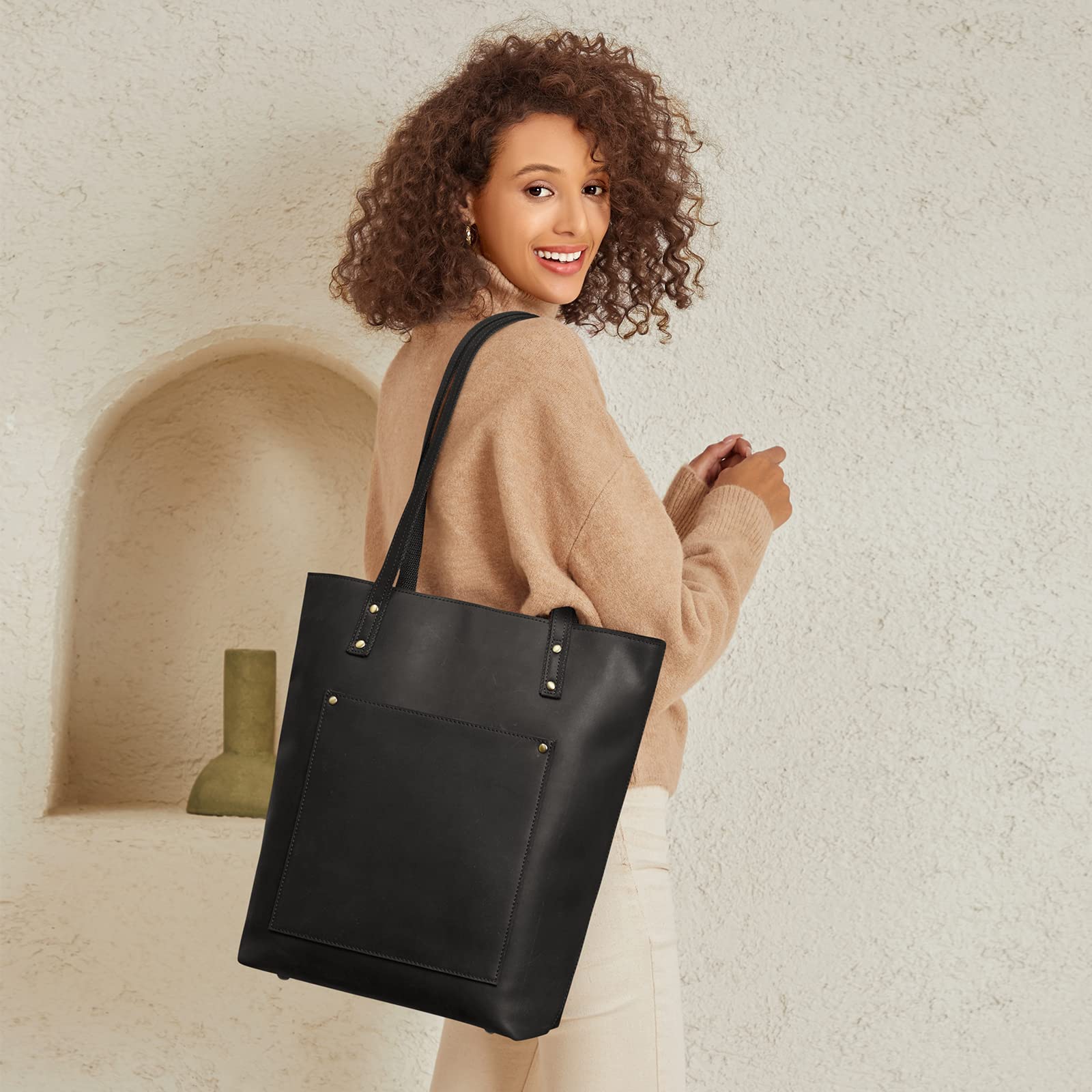 S-ZONE Women Vintage Genuine Leather Tote Bag Large Shoulder Purse Work Handbag