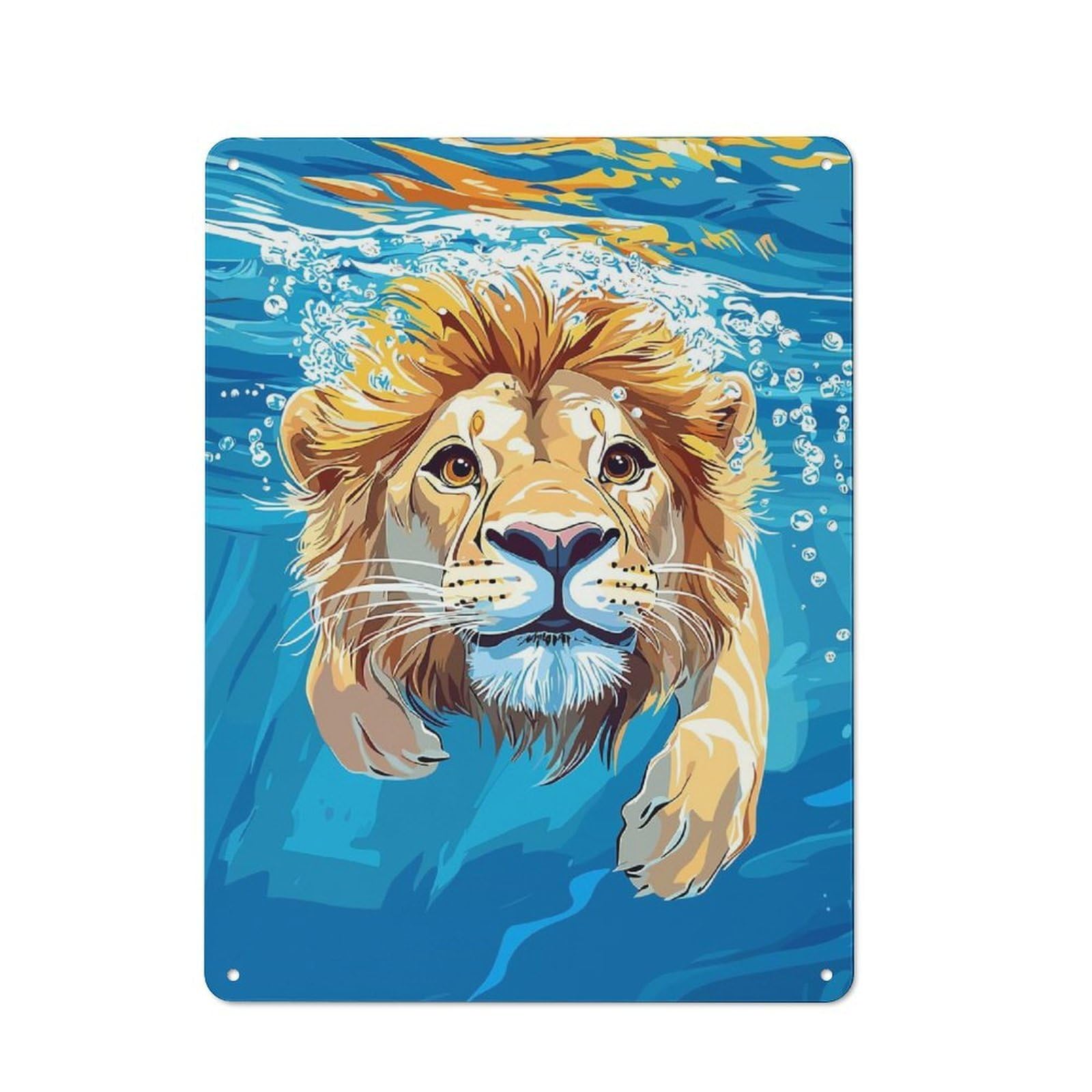 Junmoney Style-9 Tin Wall Plaque 40X30cm With Lion Swimming Underwater Illustration For Bar Or Restaurant, For Hospitality Decor Collectors