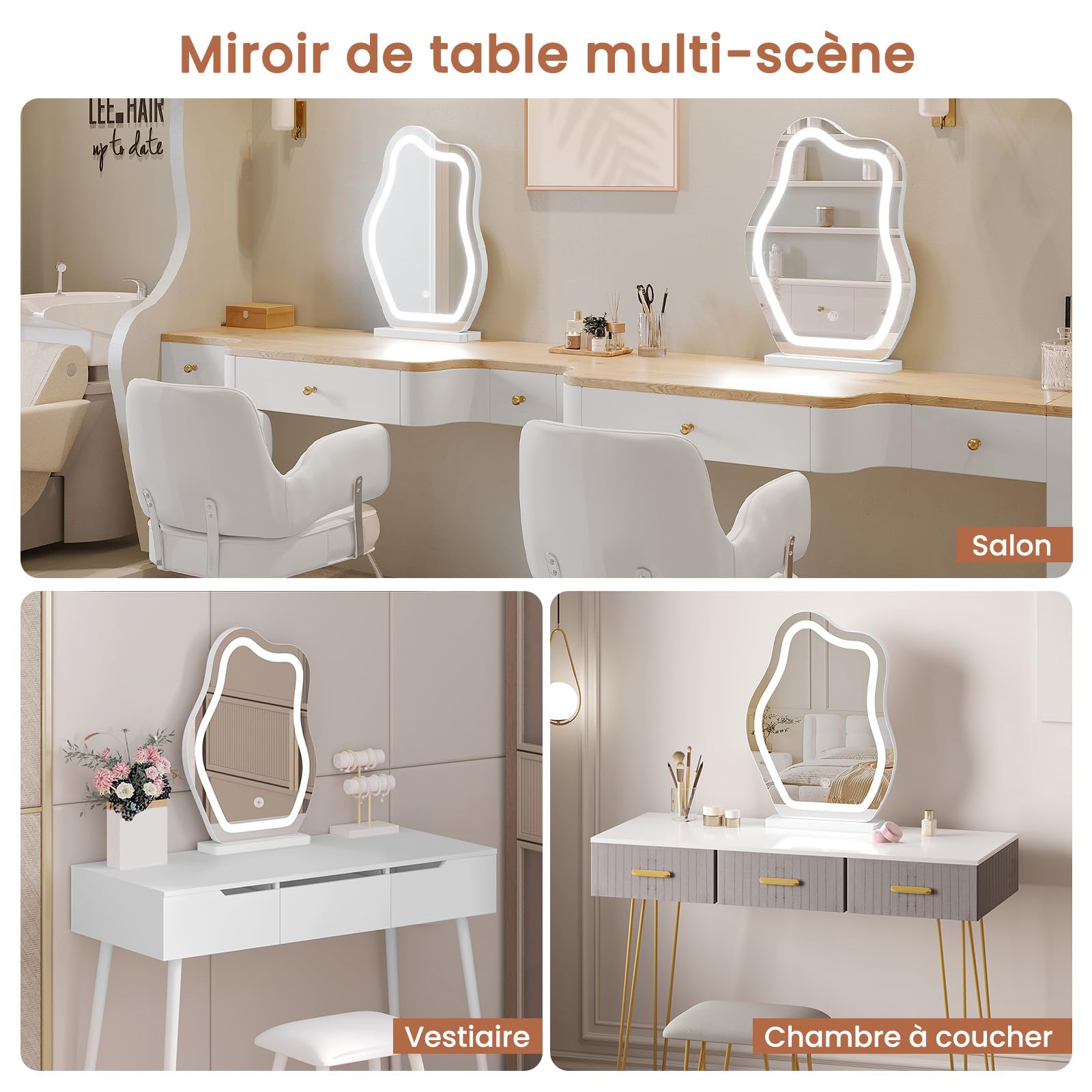 WOLTU Miroir Coiffeuse LED, 3 Niveaux d'Éclairage + Luminosité Réglable, Miroir Irrégulier en Forme de Nuage, 40x54 cm, MB6121ws