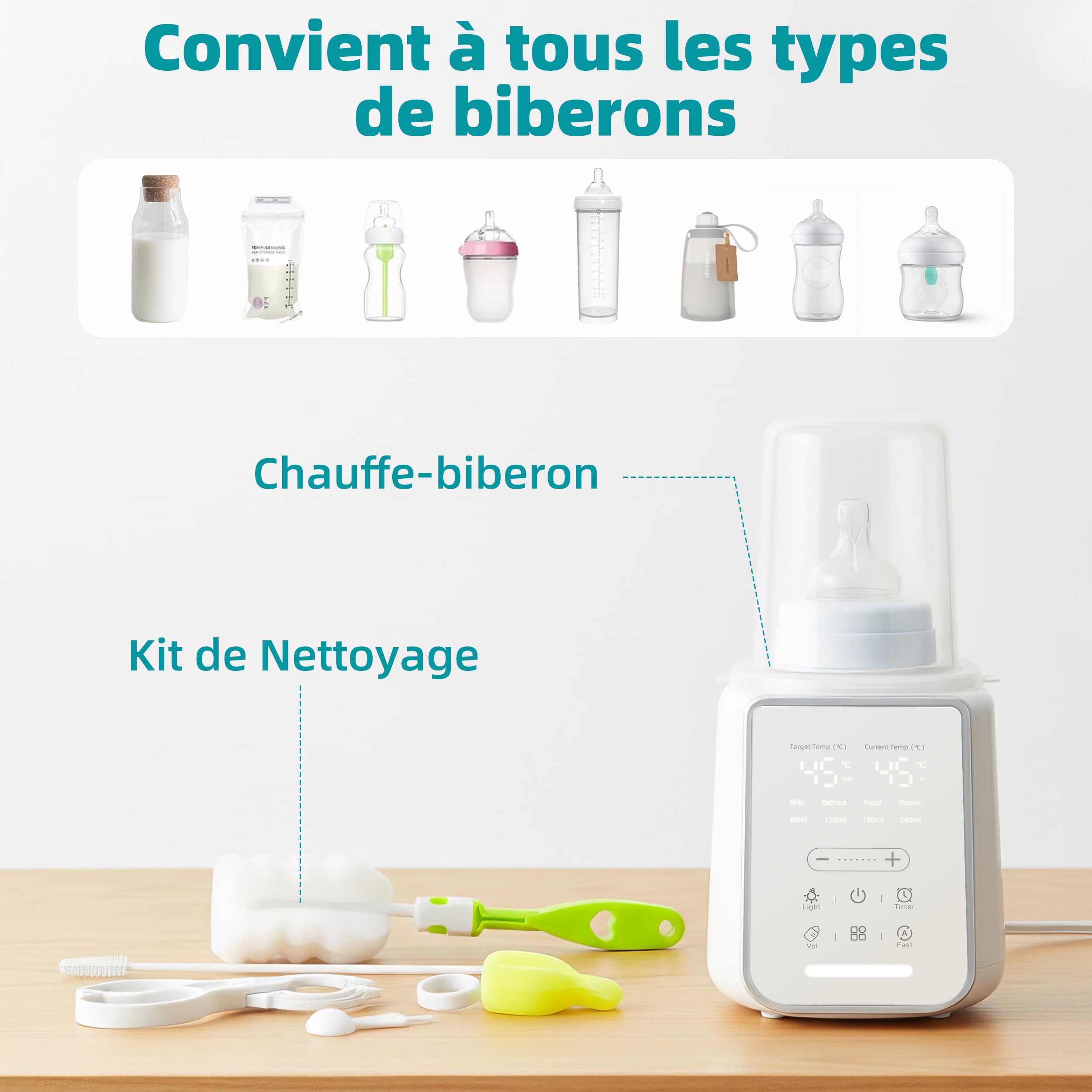 Chauffe-biberon intelligent 8-en-1 avec contrôle précis de la température, pour lait maternel ou préparation, combinant chauffage, stérilisation, maintien au Chaud et Protection Surchauffe