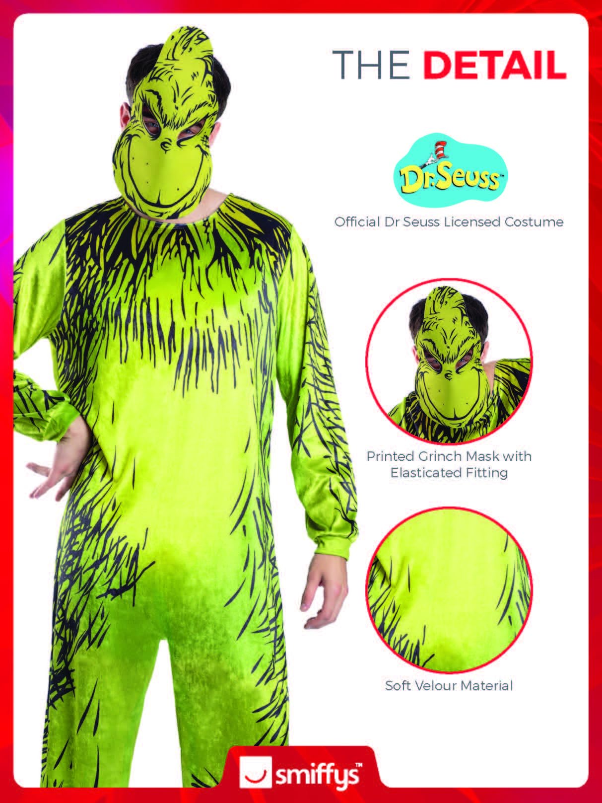 Smiffys Dr Seuss The Grinch Costume for Adults, Official Green Fancy Dress Jumpsuit with Character Mask - Image 3