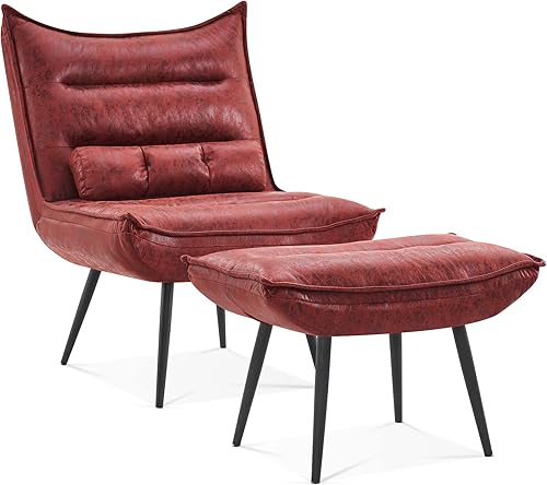 MCombo Wingback - Silla decorativa con otomana, moderna tela bronceadora tapizada para espacios pequeños, sala de estar 4400 (borgoña)