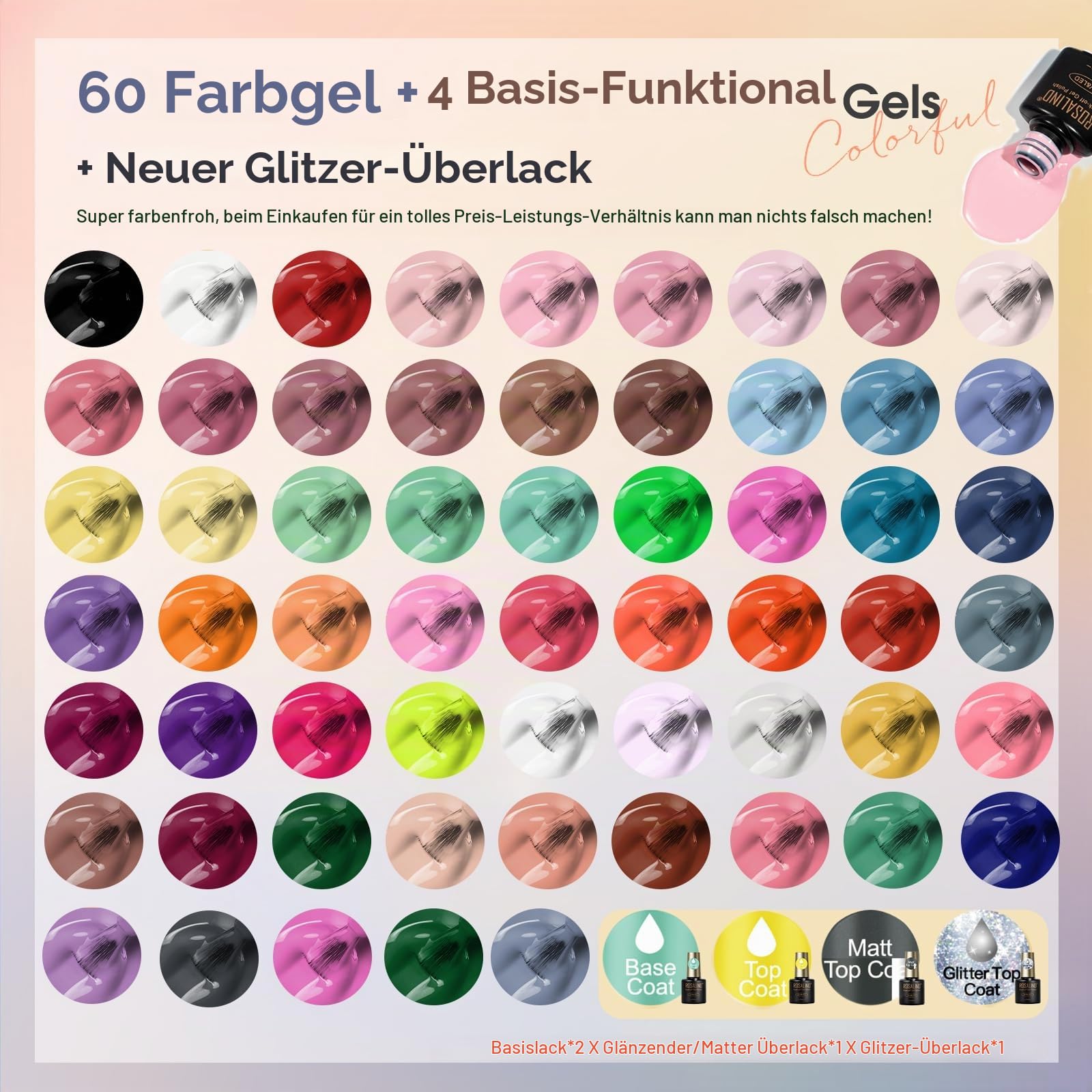 ROSALIND UV Nagellack Set 65 Stück Rosa Blau Grün Lila Rot Schwarz Braun