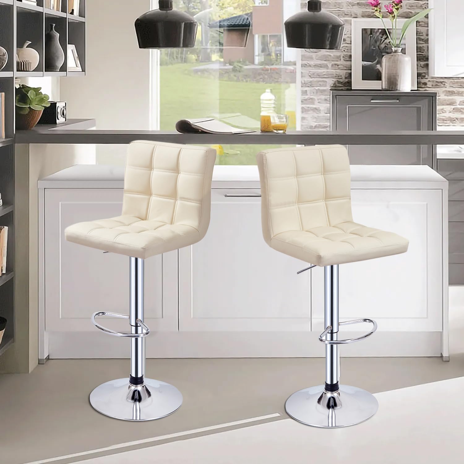 Panana Barhocker höhenverstellbare Barstuhl mit Kunstleder, 360° Drehstuhl, Küchenstühle mit Rückenlehne und Fußstütze (Beige, 2), (FD-FBBC80)