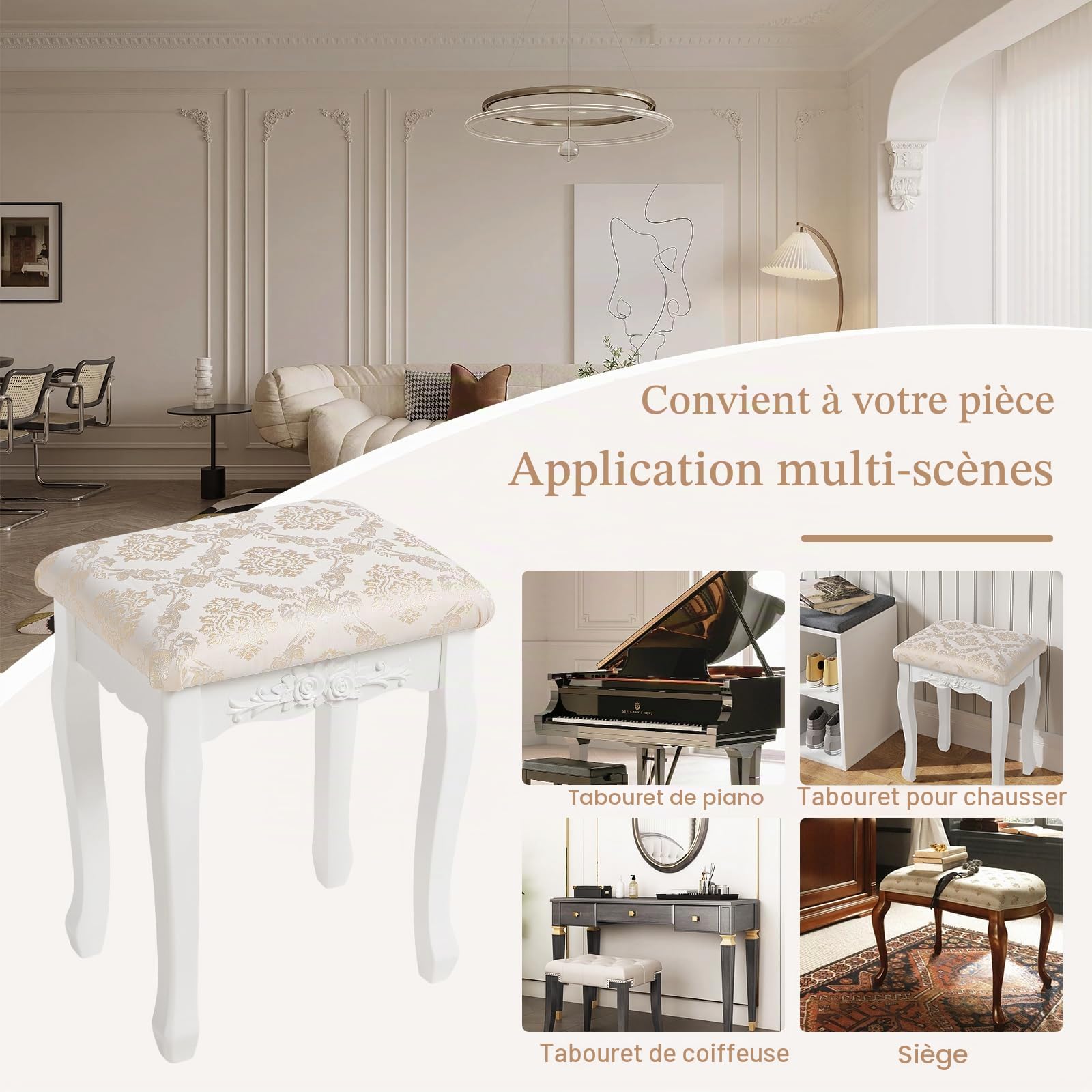 WOLTU Tabouret de Coiffeuse, Tabouret de Piano Rembourré, pour Chambre à Coucher, Salon, en Blanc, MB6011