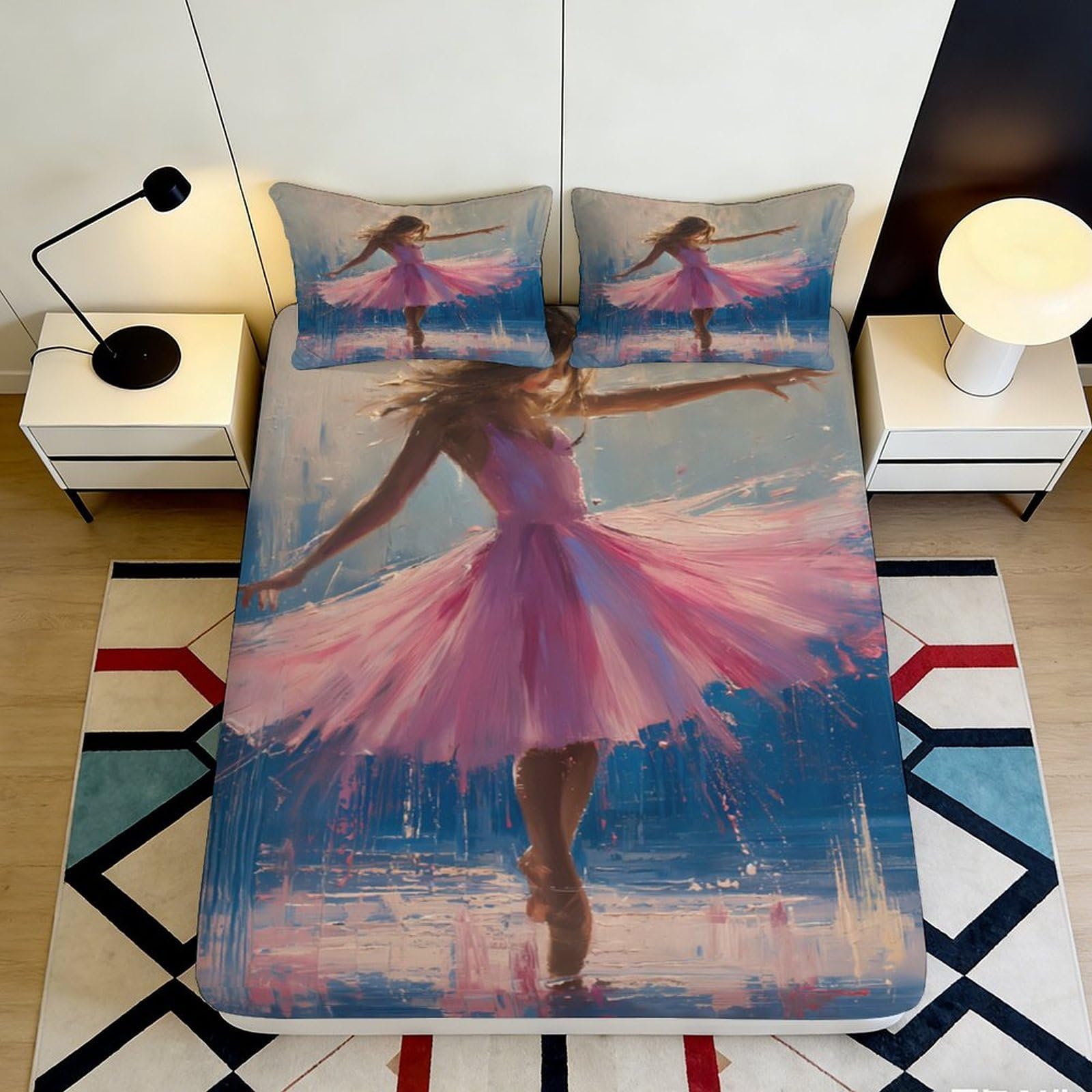 3D Printed Ballet Dancer Fitted Sheet Microfiber Pink Artistic Bed Sheet for Bedroom Dorm Room Mattress Cover Decor 90x200x25cm