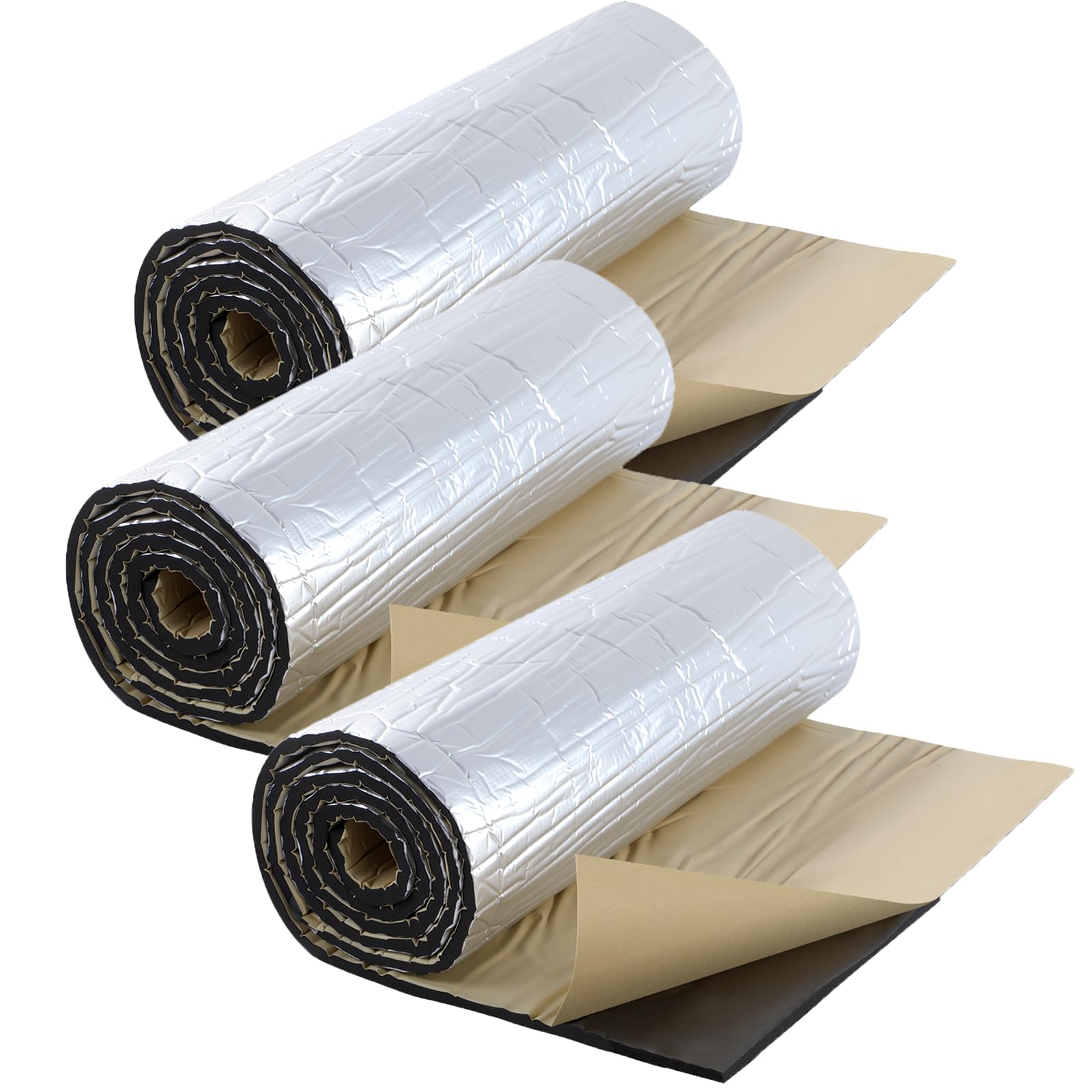 Putentfun 10mm Thick Self Adhesive Aluminium Foil Insulation,Thermal Soundproof Cotton Layer,Heat Reflector & Radiant Barrier,Ideal for Roofs,Walls & Camper, 3 Roll x 200cm x 50cm(3㎡)