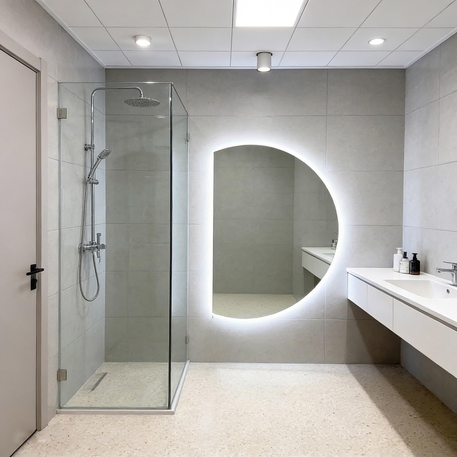 Miroir antibuée salle de bain LED grand demi-cercle éclairé verre antidéflagrant