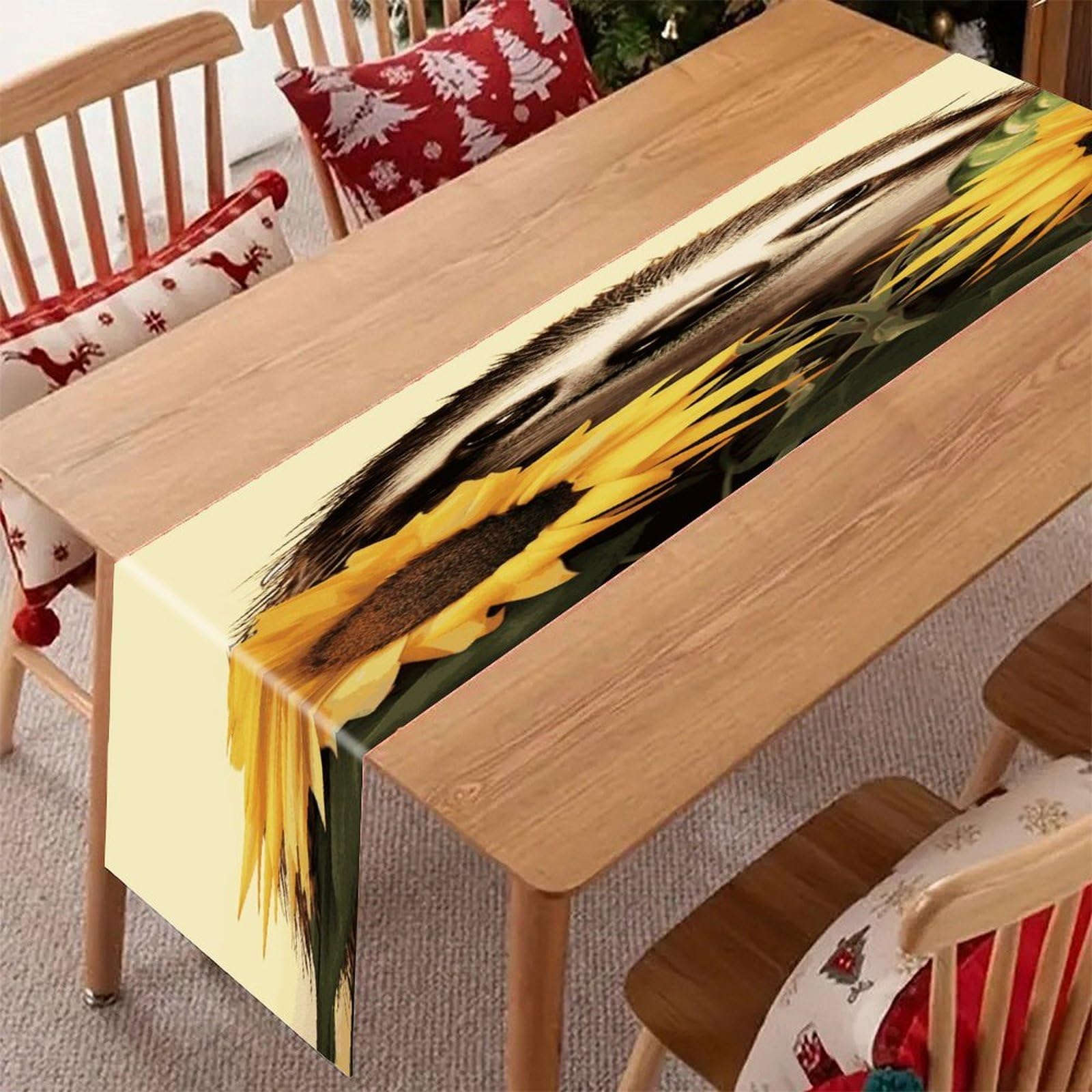Adfgyerh Style Sloth Sunflower Table Runner，Pure Linen Chambray ,Boho Table Runner，Heavy Duty Washable Fabric Decorations ，For Party Kitchen Dining Table Coffee Holiday Party Decor (12X70.87 Inches)