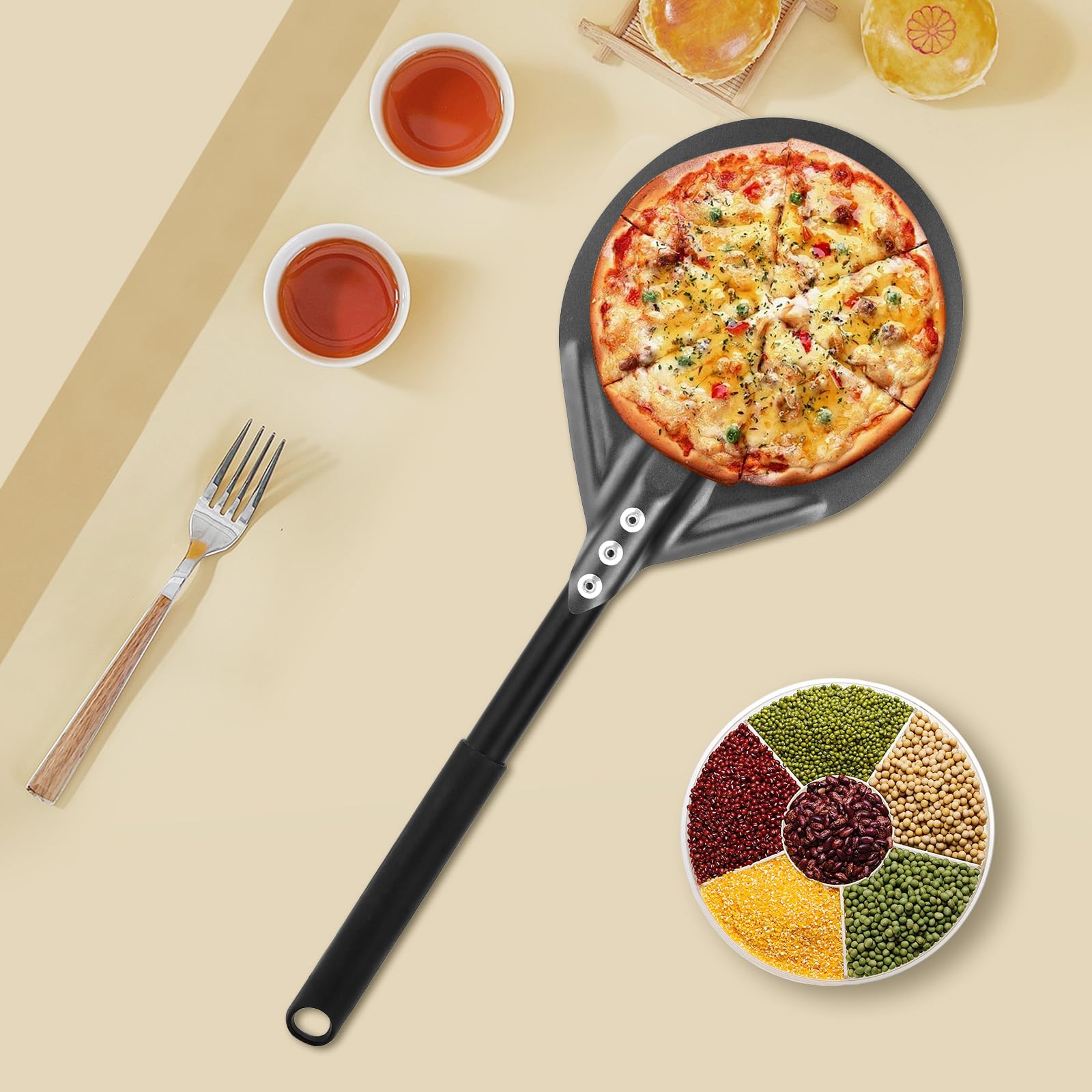 Espátula perforada para pizza de 6 pulgadas, espátula de pizza de mango largo, espátula de pizza de metal para interiores y exteriores (6 pulgadas) 6