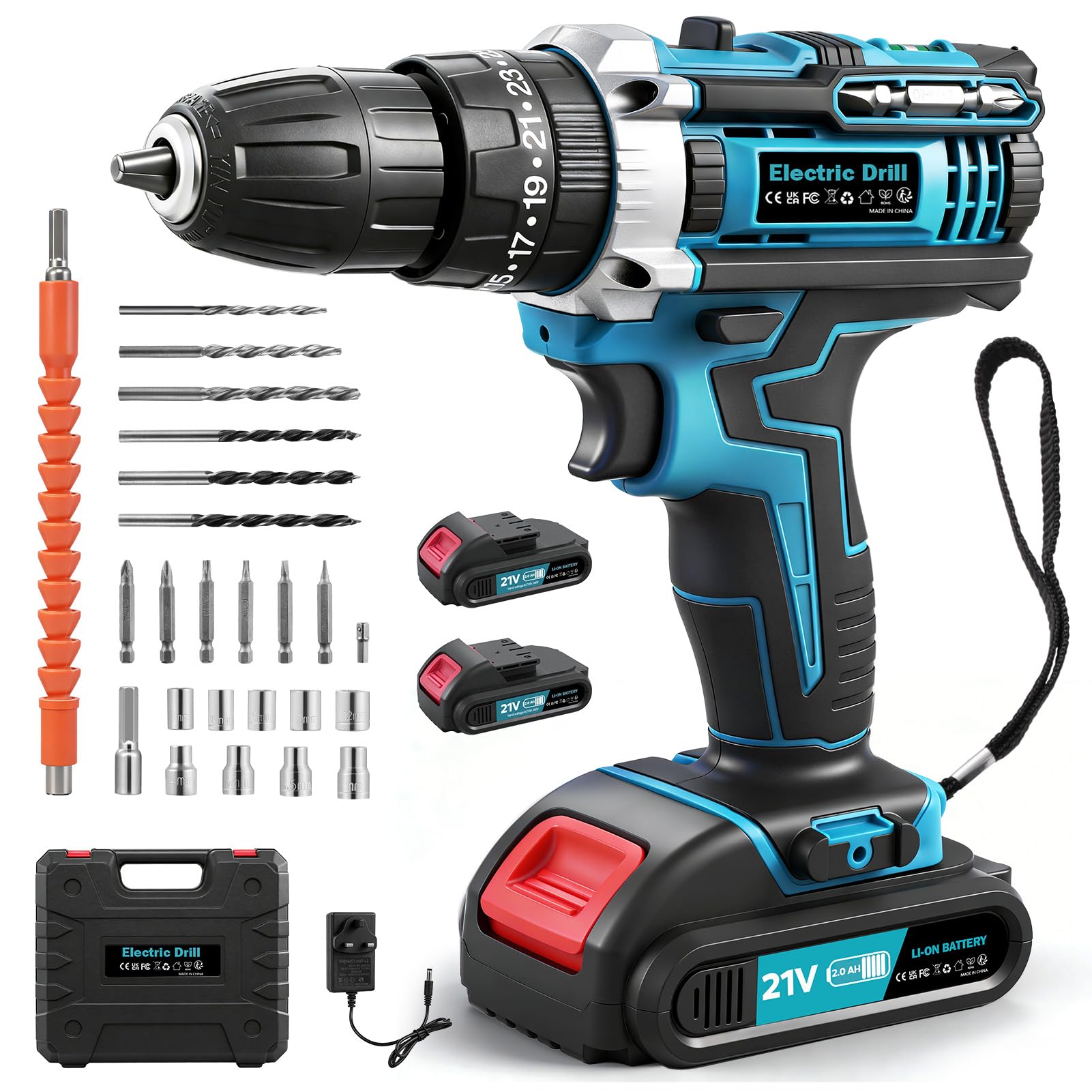Lightasea Cordless Drill Set,Cordless Hammer Drill with Battery 2000mAh,21V Electric Drill,50Nm, 25+3Torque,2 Speed, LED Light,3/8” inch Chuck,30PCS Electric Screwdriver Set,for Home, Garden DIY