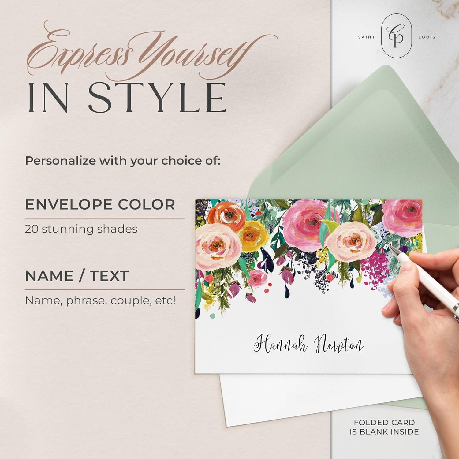 Personalized Stationery for Women, Floral Fold Card with Custom Note Cards Name, Multi Color Personalized Note Cards with Envelopes For Women, Girls & Teens Custom Card Set- Multi Flower Fold