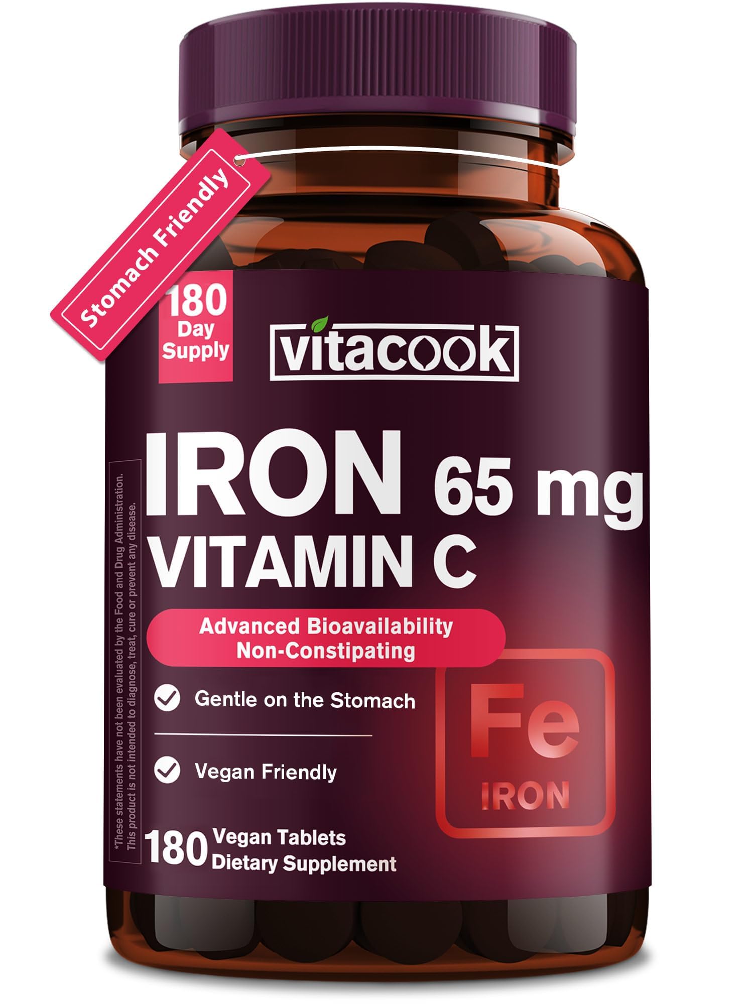 Iron Supplement for Women Men, High Potency Iron 65mg with Vitamin C 250mg, Slow Release Stomach Friendly Iron Pills, Non-GMO, No Gluten, 180 Vegan Tablets