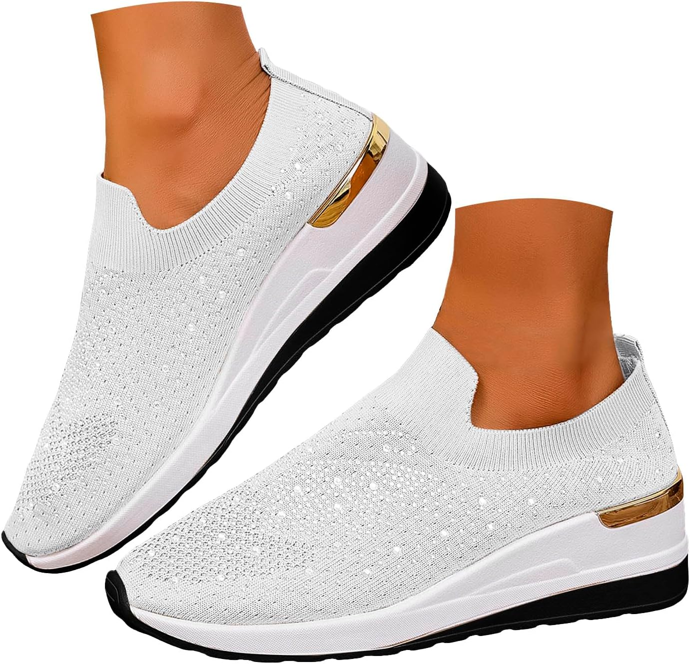 Rhinestone Sneakers for Women 2025 Mesh Slip-On Walking Shoes Women's Fashion Breathable Sparkle Glitter Sneaker Orthopedic Platform Wedge Shoes Comfortable Lightweight Bling Loafer
