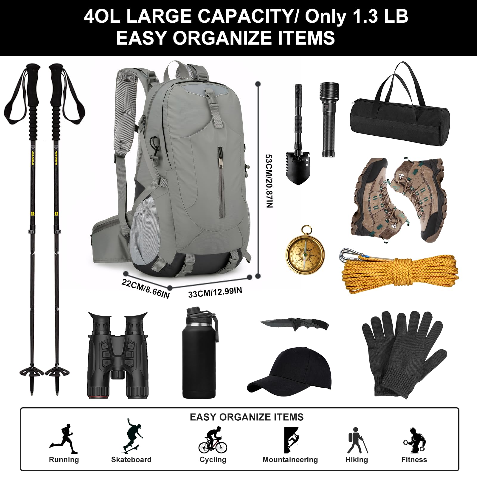 Long Keeper 40 Litri Zaino Trekking Uomo Donna Leggero Zaino Montagna Alpinismo Impermeabile Porta PC 15.6 Pollici Zaino Outdoor per Equitazione Campeggio Viaggio