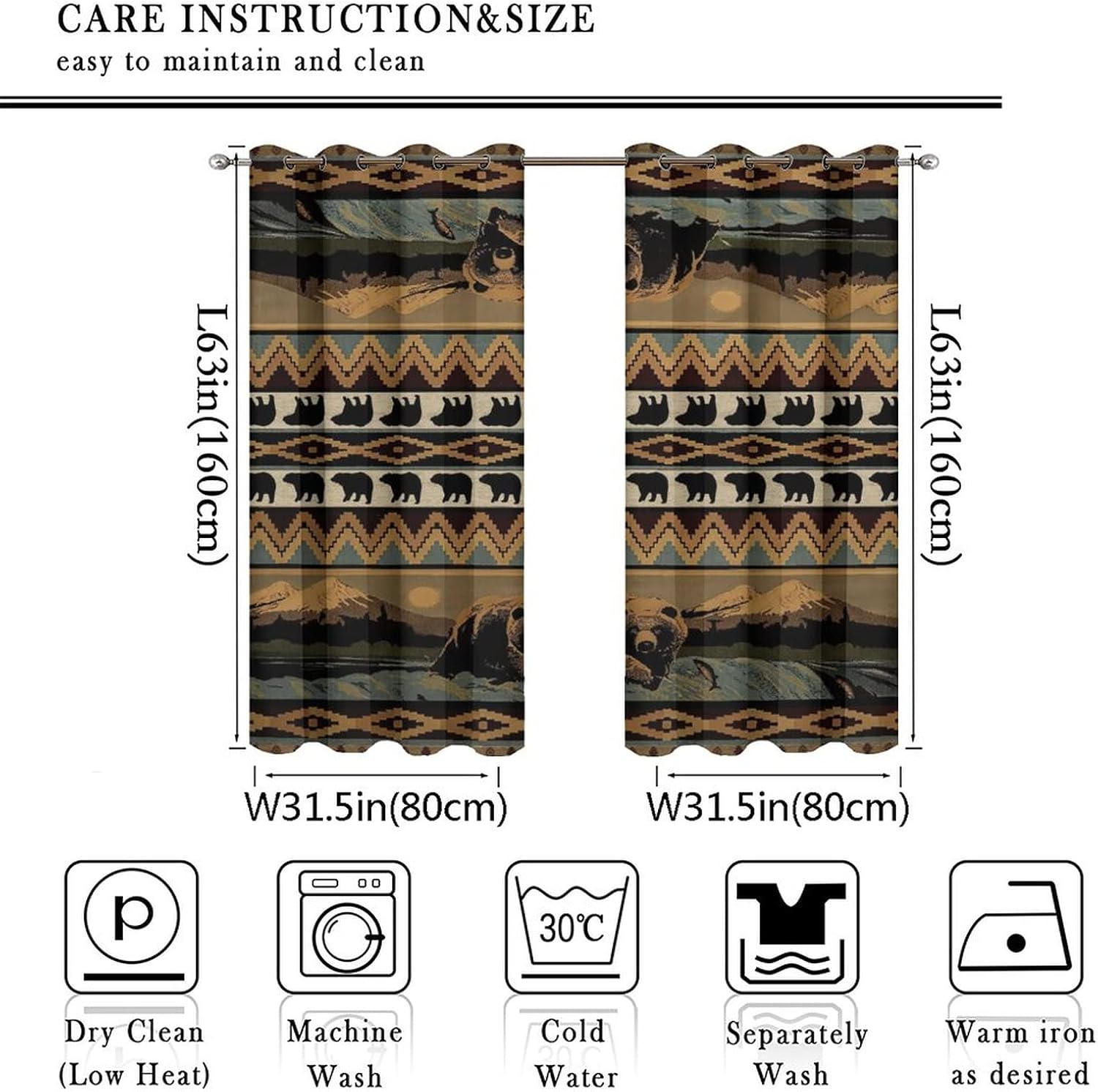 Vintage Farmhouse Bear Ultra Soft Premier Blackout Curtains,Retro Cabin Country Forest Lake Brown BearThermal Insulated Bedroom Noise Reducing Patio Door Grommet Top,2 Panels 63L x 31.5W