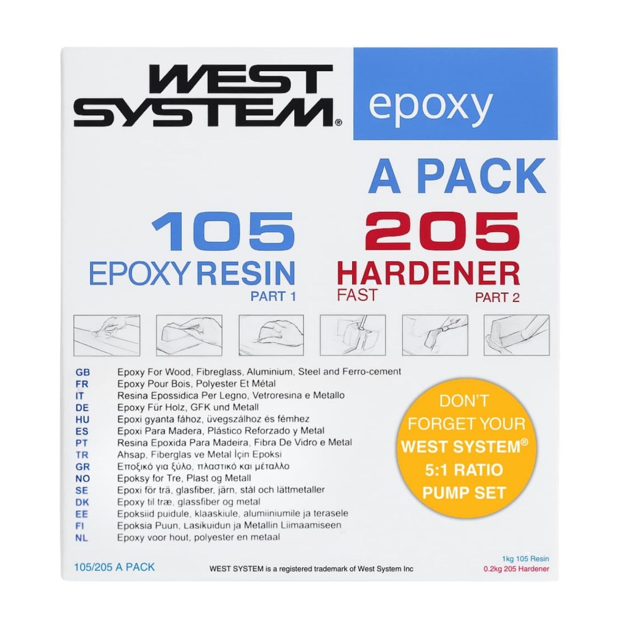 WEST SYSTEM Epoxidharz und Härter 105/205 A Pack Set – Marinequalität 2-Komponenten-Epoxidkleber für Holz, Metall, Fiberglas – Wasserdichter DIY-Klebstoff für Bootsreparatur & Spaltfüllung