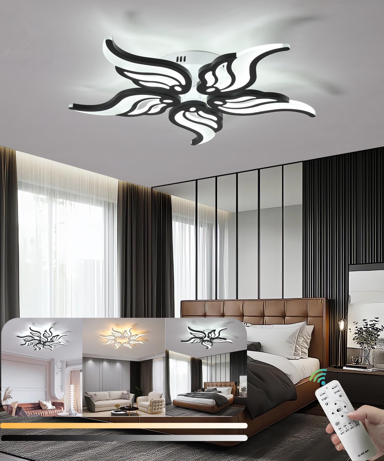 Modern Ceiling Light Dimmable Living Room LED Ceiling Lamp with Remote Control 38W Fancy Ceiling Light Fashions Acrylic Pendant Lamp for Bedroom Dining Room Office (Black, 5heads)