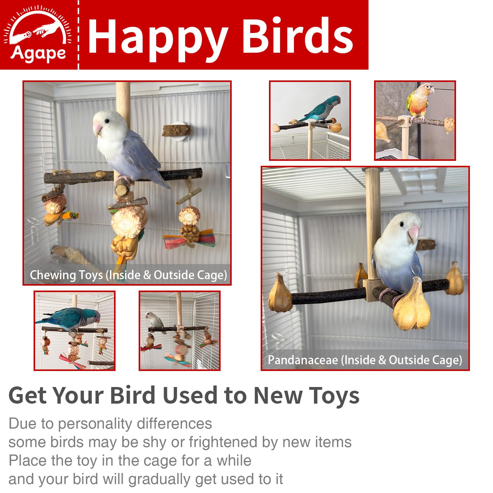 Agape Rotating Parrot Perch Toy with Chew Toy, Natural Wooden Perch Stand for Small & Medium Birds, Bird Cage Accessory with Exercise Wheel for Parakeets Cockatiels Lovebirds Conures Finches Budgies - image 3