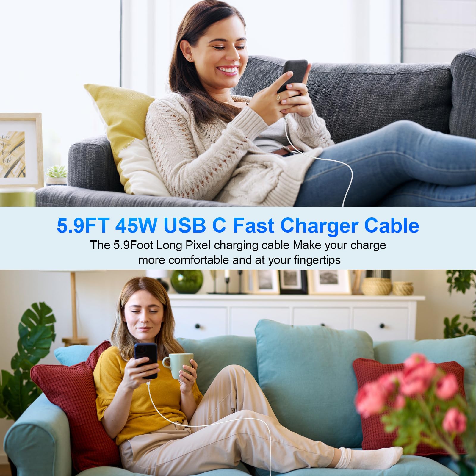 2Pack 6ft for Google Pixel Charger Cable USB C to C Fast Charging Cable PD 45W for Pixel 10 9 Pro XL 9a Fold 8a 8 Pro 7a,Type C Charger Cord for iPhone 16 15 Pro Samsung Galaxy S25 S24 Ultra A16,White
