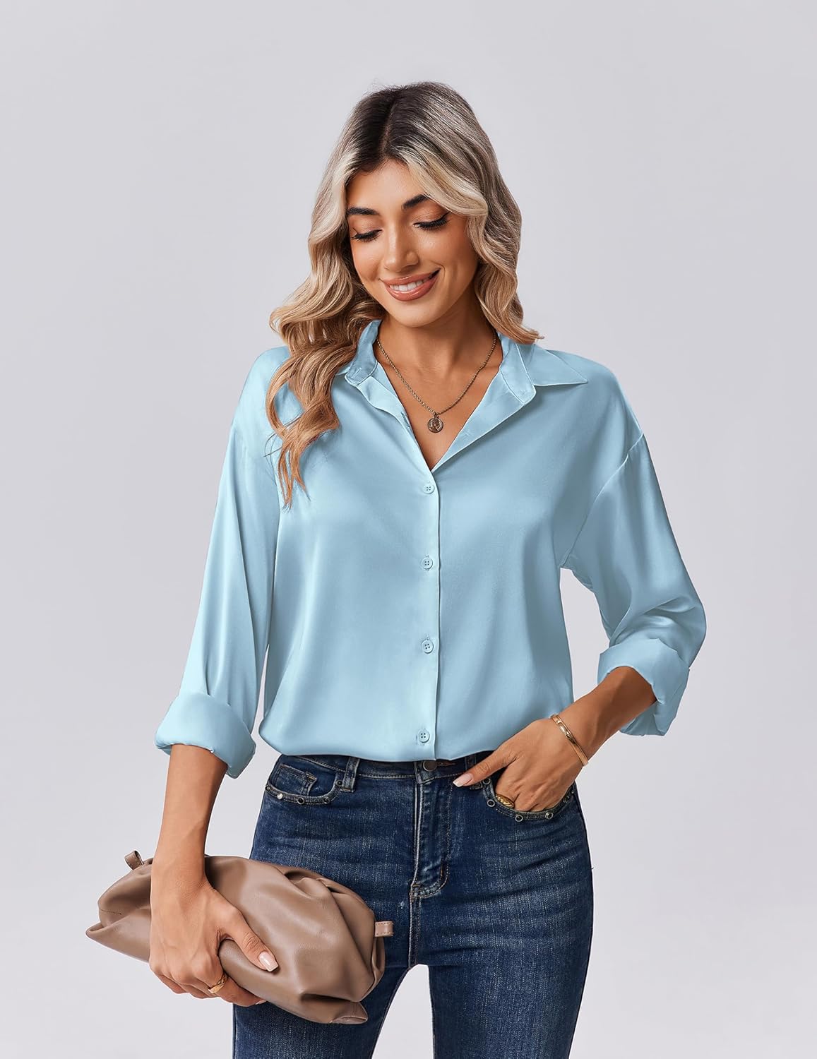 Zeagoo Womens Tops Long Sleeve Satin Silk Button Down Shirts Casual Business Dressy Blouses Fall Clothes - Image 4