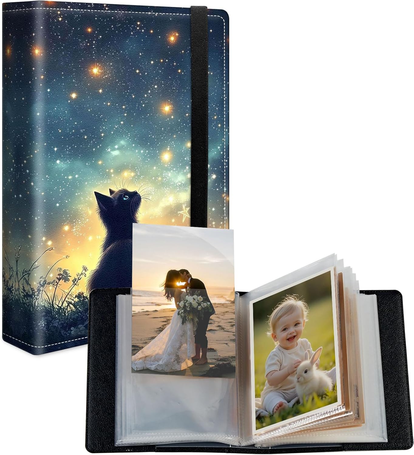 Small Photo Album 5x7 for 120 Pictures, PU Leather Cover Picture Album with Elastic Band, Mini Photo Book for Family Baby Wedding Anniversary Travel Scrapbook, Black Cat Sky