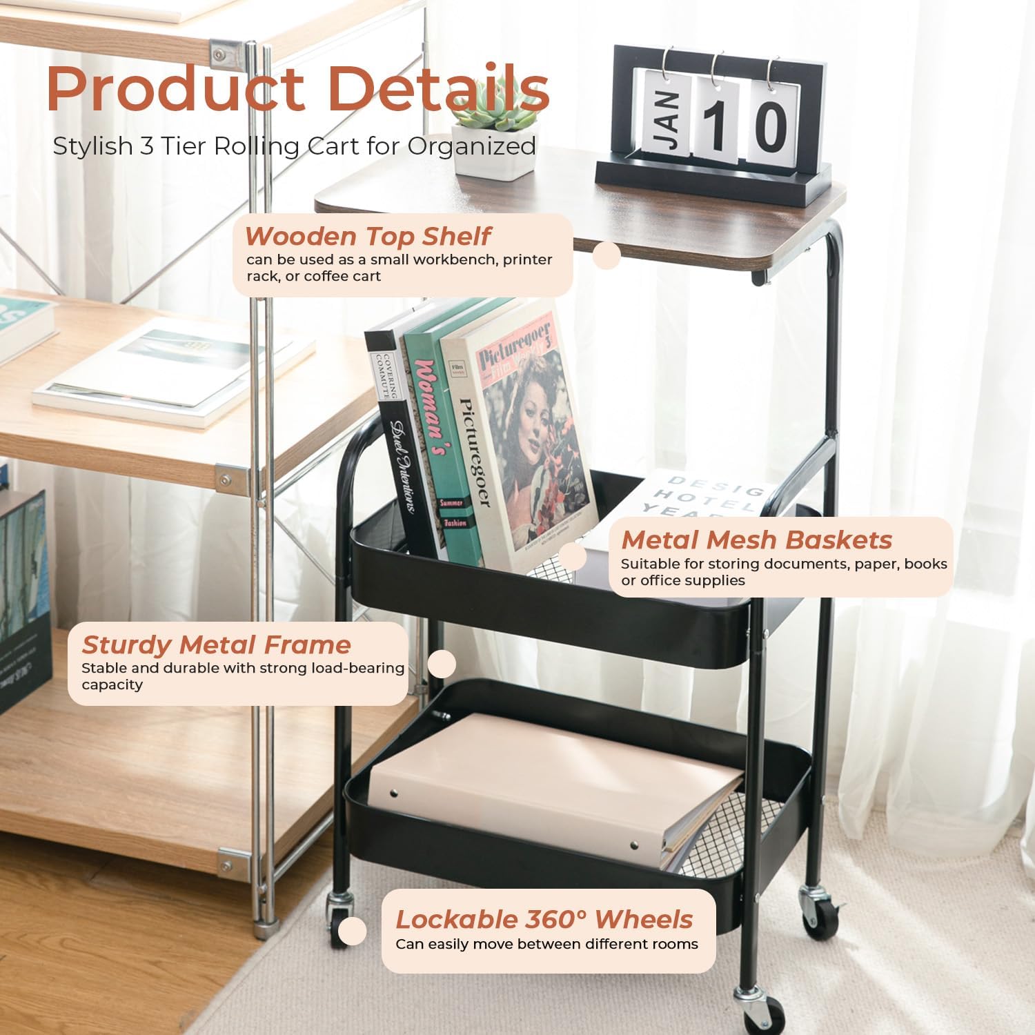 3-Tier Metal Rolling Utility Cart with Wooden Tabletop, Mobile Storage Organizer with Lockable Wheels for Kitchen, Bathroom & Home