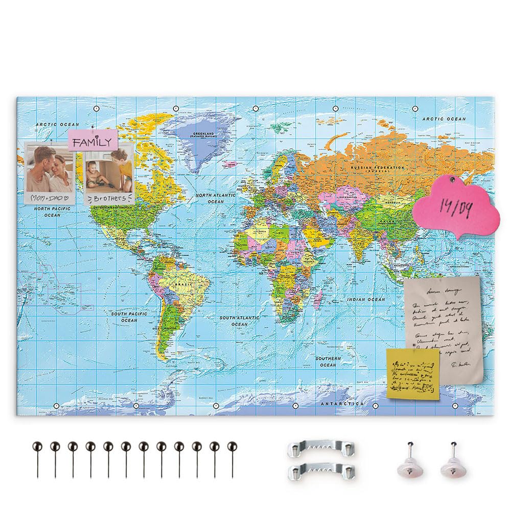 decomonkey Mapa mundi chinchetas político Planisferio inglés 120x80 cm | 50 chinchetas, tablero de lienzo, tablero de fibra, decoración de pared para salón y despacho, para marcar viajes, diseño 1
