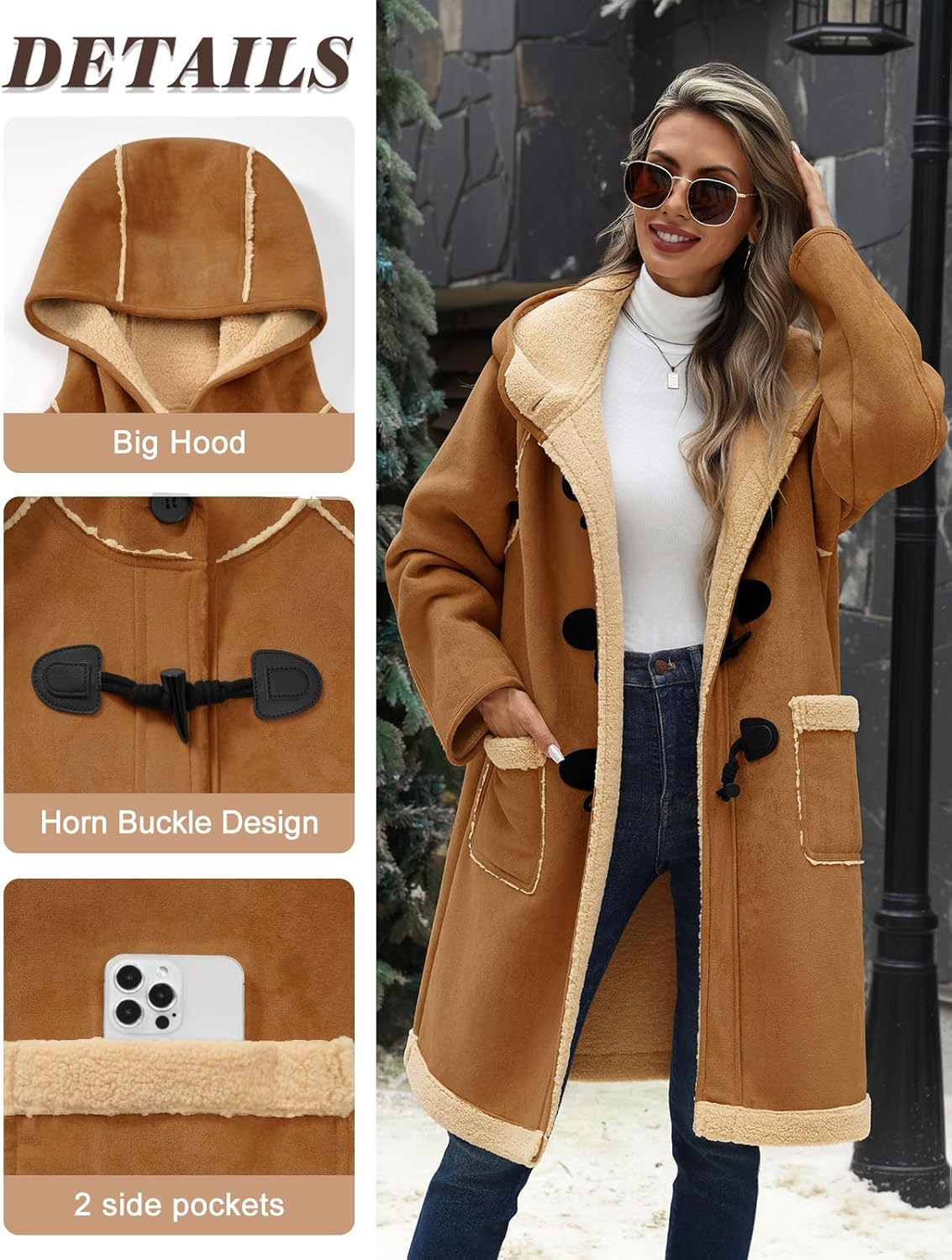 Women's Faux Suede Coat Sherpa Fleece Lined Oversize Duffle Coat Winter Mid-Length Hooded Toggle Jacket with Pockets - Image 3