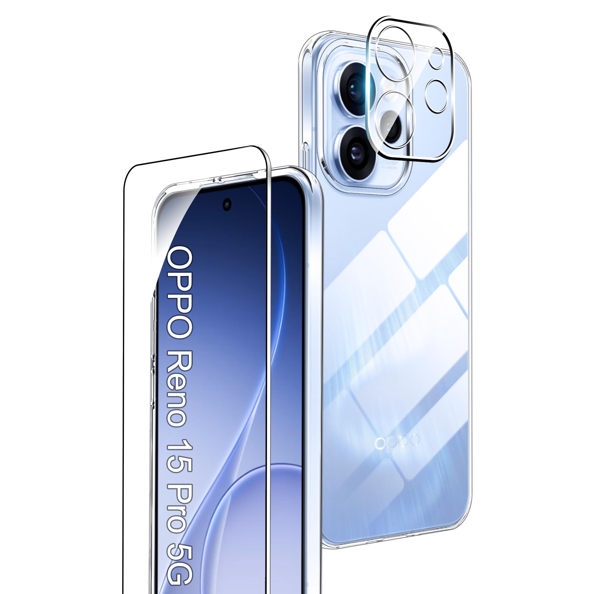 Rojeuinn Cover for OPPO Reno 15 Pro 5G +1 Piece Tempered Glass+1 Piece Protective Film for the Camera, Ultra Clear Screen, Soft, Shockproof and Dustproof – Transparent