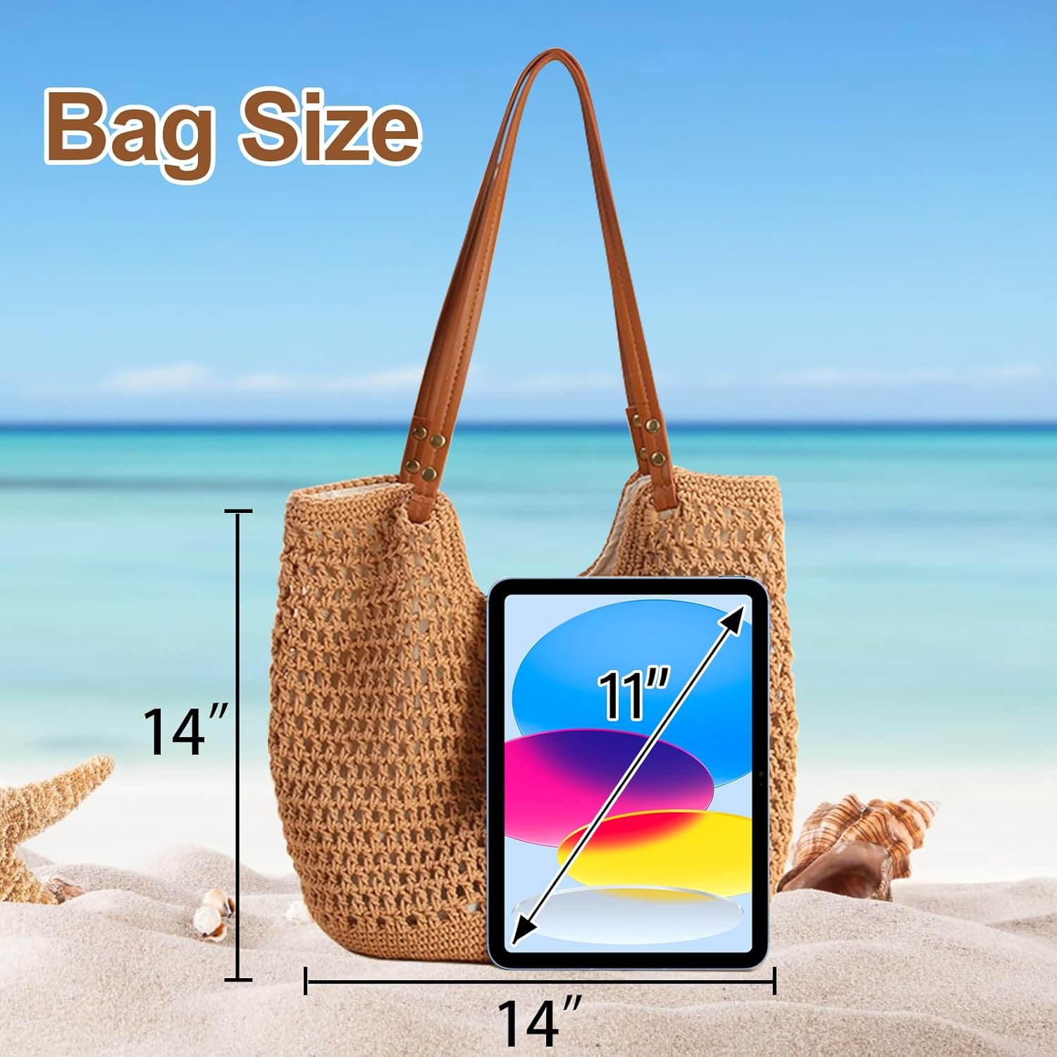 Peicees Crochet Beach Bag Purse, Boho Woven Tote with Leak-Proof Lining For Summer Vacation Travel Casual Shoulder Bag Soft - Image 6