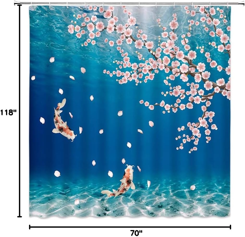 Asian Decor Cherry Blossoms Shower Curtain Blue Japanese Chinese Oriental Flowers Petal Branch Fish Carp Spring Bloom Traditional Christmas Bathroom Polyester Fabric Hooks 118 X 70 Inch