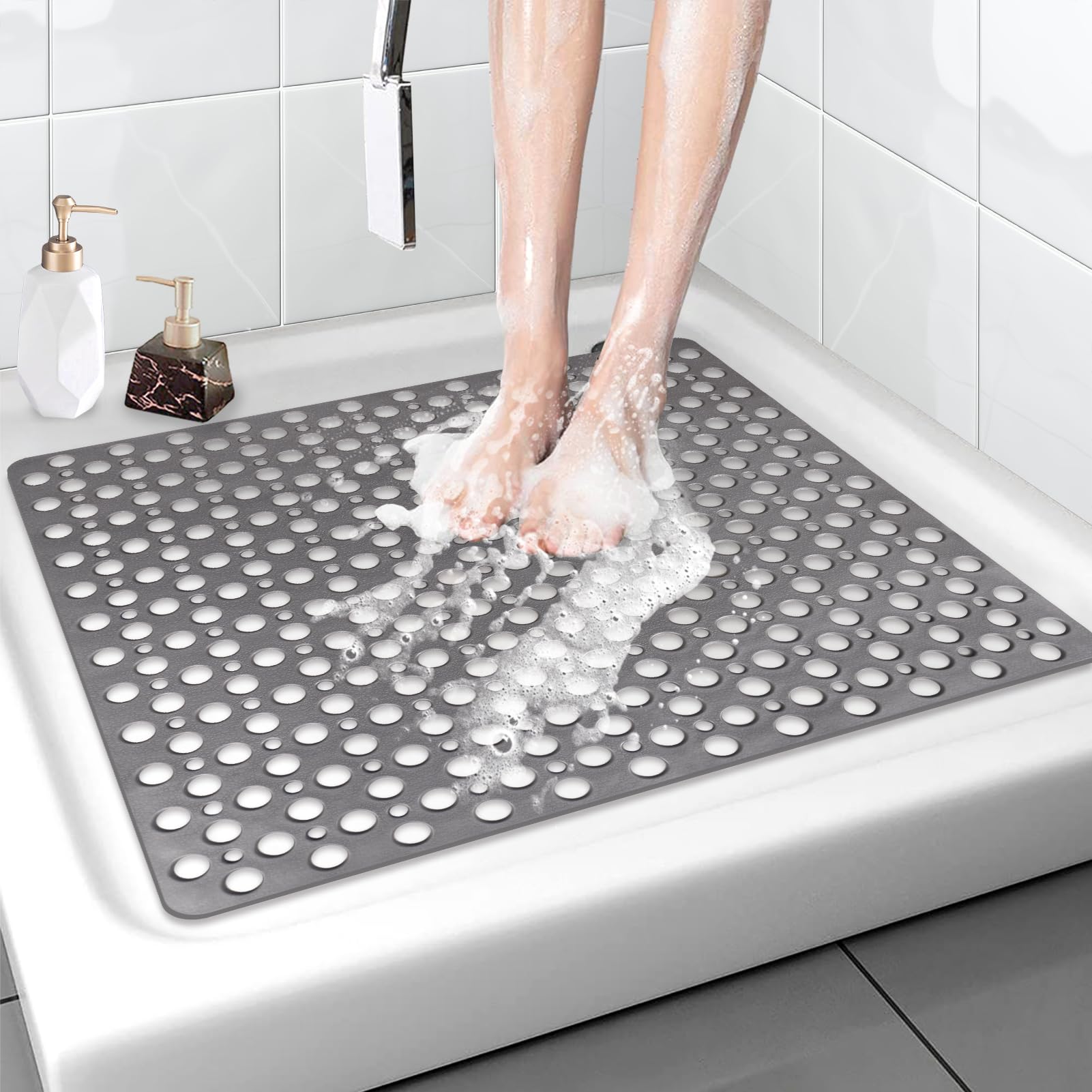 Square Shower Mat 70x70 cm, Non Slip Shower Mat, Soft TPE Large Shower Mats for Inside Shower, Bath Mat with Suction Cups & Drain Holes, Anti Mould Shower Mats, Quick Drying (Solid Grey, 70x70 cm)