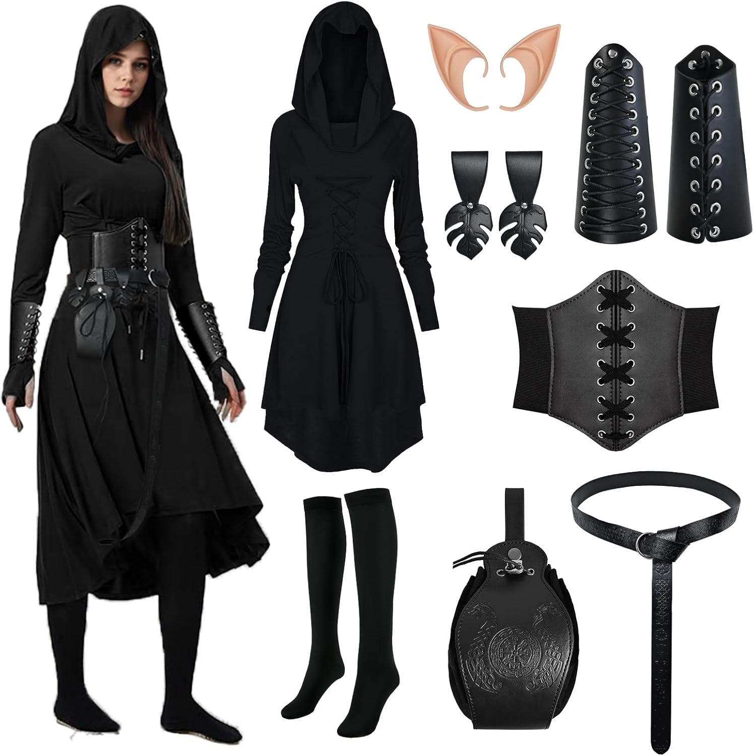 HODBLKT 8 Pcs Women Renaissance Fairy Costume Medieval Elf Dress with Faux Leather Arm Pouch Belt for Halloween