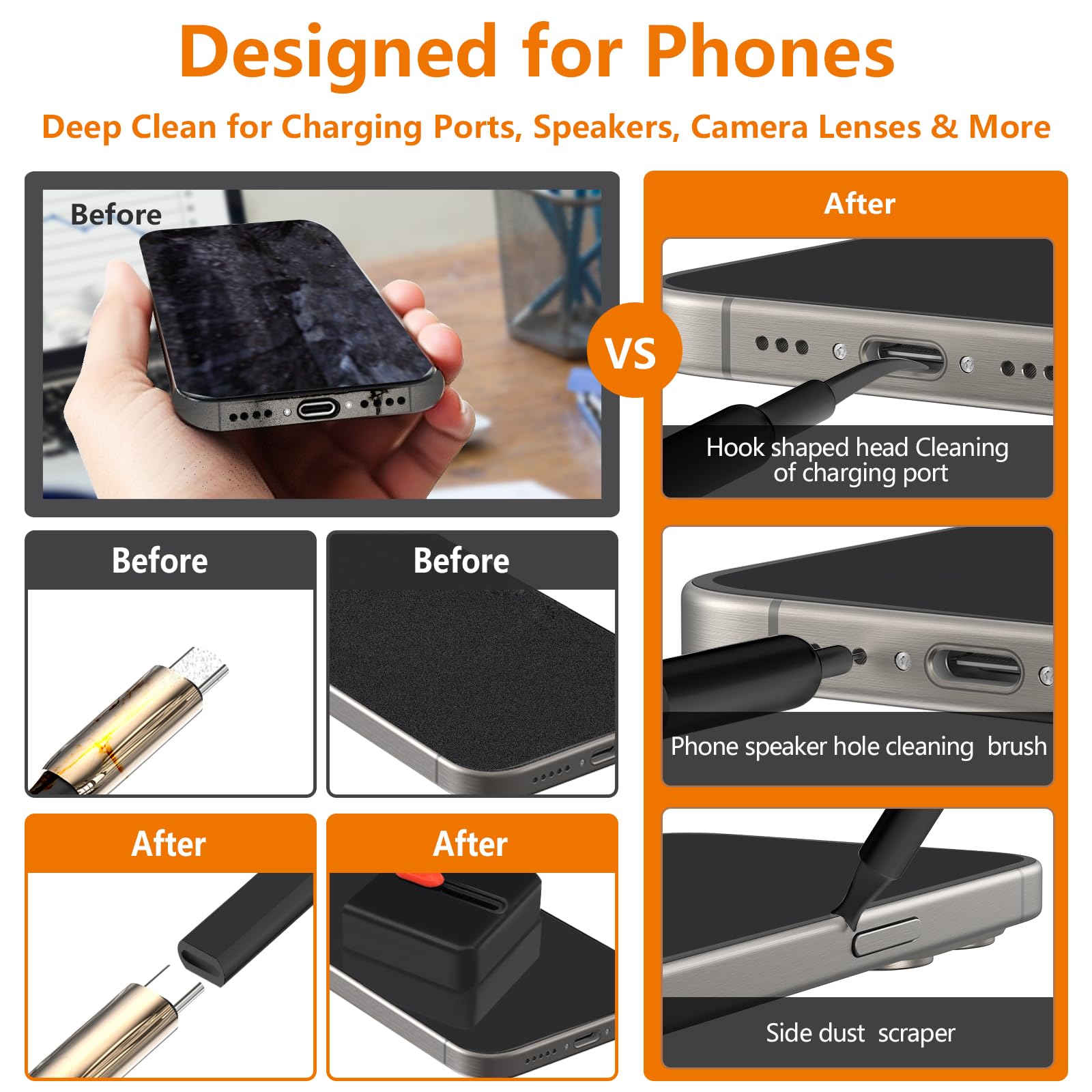 Kit per la pulizia del telefono con pulitore per porta di ricarica, pennino, schermo e spazzola per altoparlanti, per iPhone, Samsung, AirPods, MacBook, laptop, PC, tastiera, iPad (nero, con stucco e