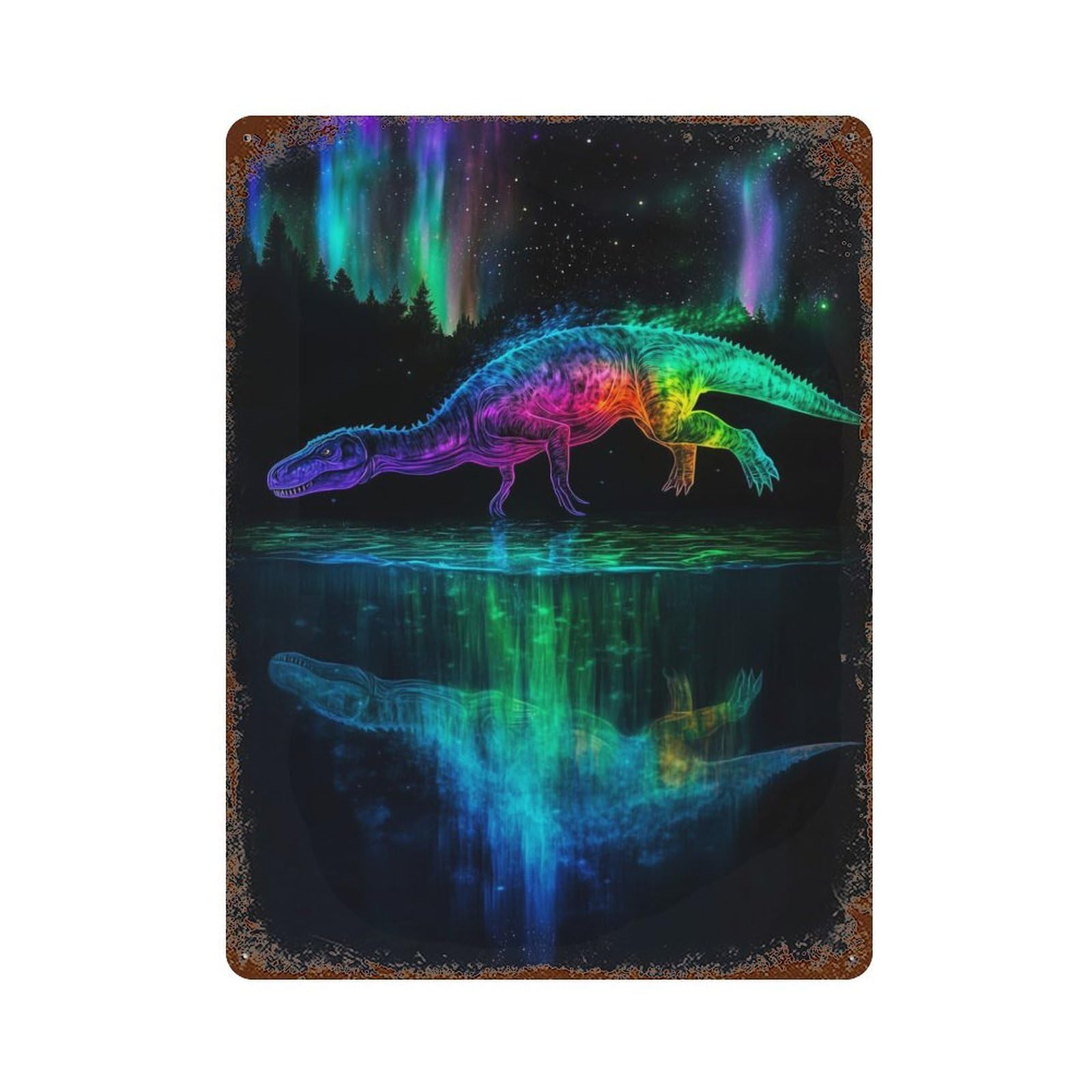 Rust Effect Dinosaur Aurora Borealis Vintage Rust Metal Sign 15.7"x11.8", Rustic Home Decor for Farmhouse, Kitchen And Entryway Decor