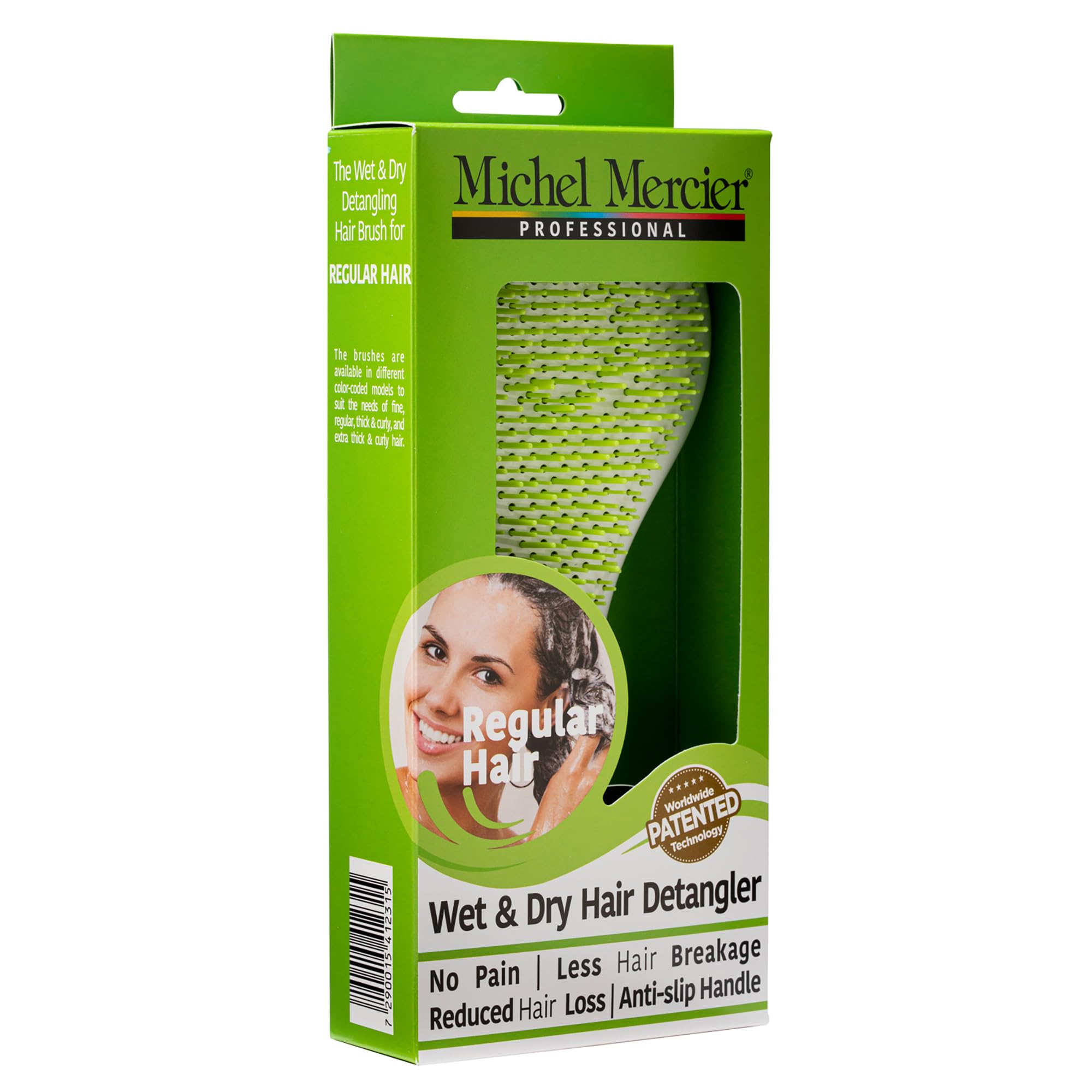 Michel Mercier Districante per Capelli Bagnati e Asciutti - Manico Antiscivolo per Capelli Sani e Brillanti - Capelli Regolari - Verde-Bianco - 1 pc