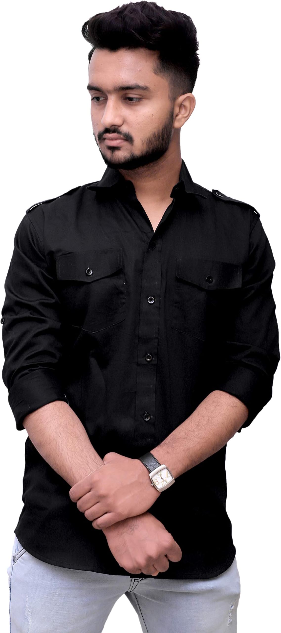 REBANTA Mens Casual Shirt Plain Double Pocket (Maroon, Pure Cotton)